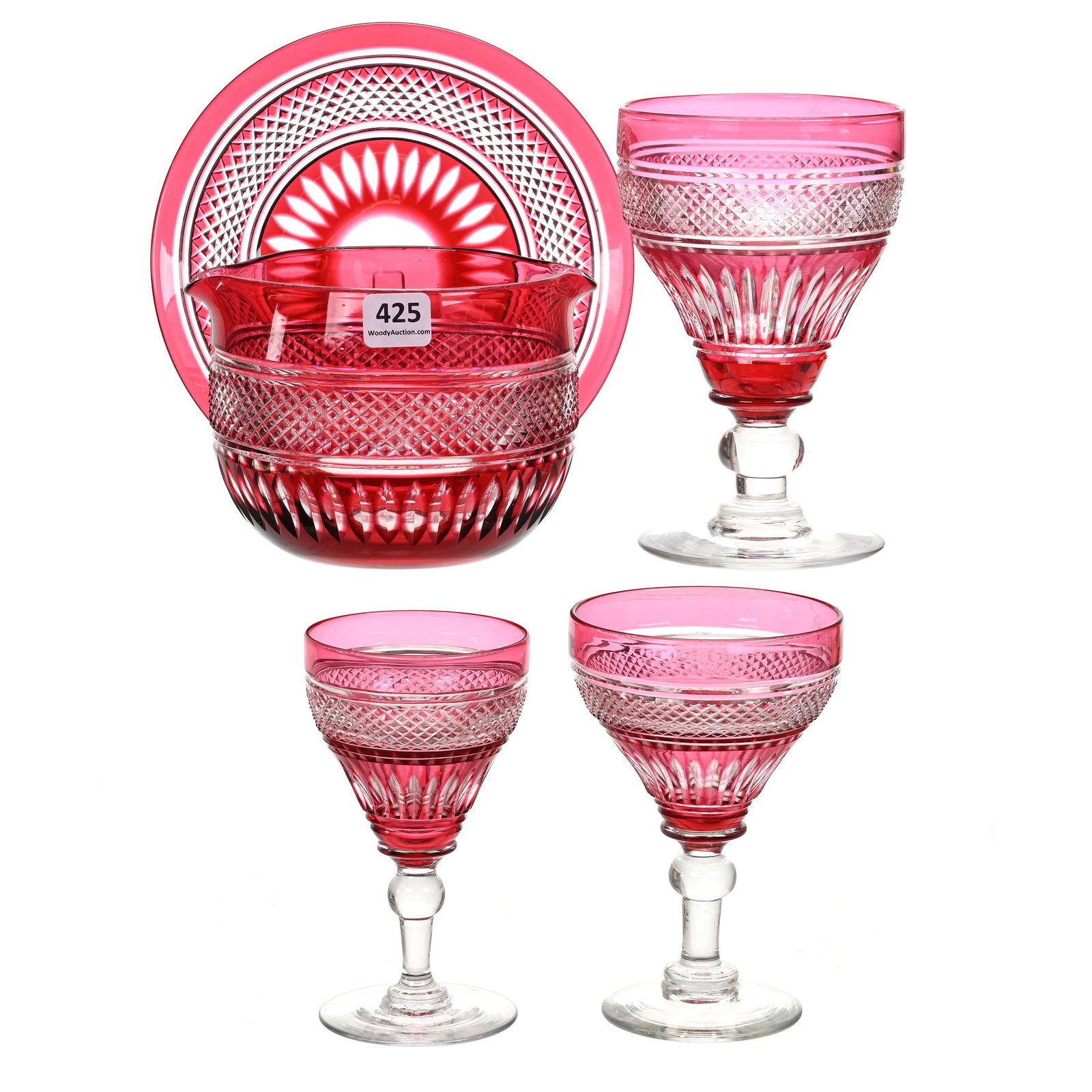 Table Set, BPCG, Cranberry Cut To Clear: Table Set, BPCG, Cranberry Cut To Clear, Diamond Cut Band With Miter Highlights, Set Includes (1) 6" Goblet, (1) 5.25" Champagne, (1) 5" Wine Stem, (1) 4.25" X 6.75" Wine Rinser With Underplate, Denni