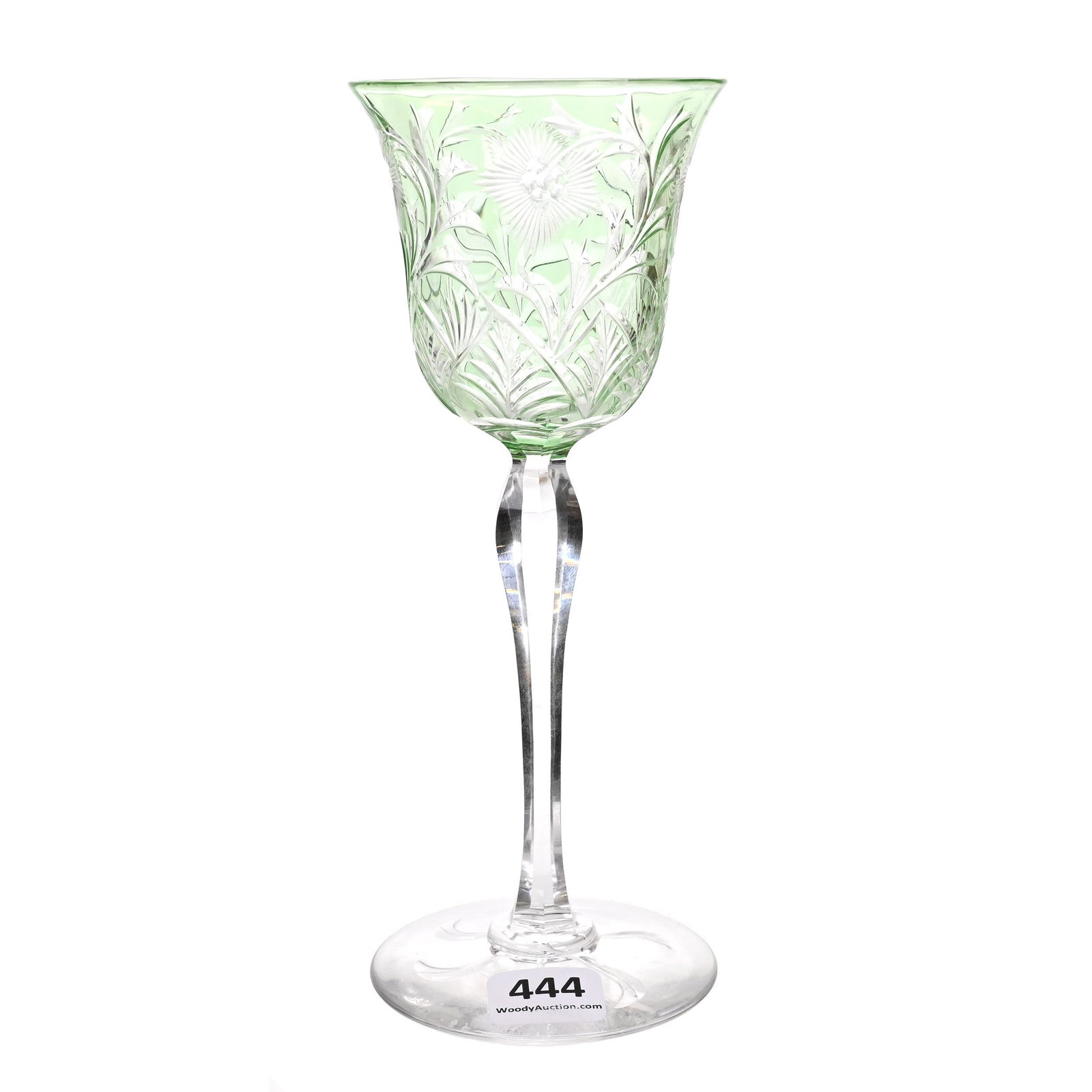 Wine Stem, ABCG, Signed Hawkes Green Cut To Clear: Wine Stem, ABCG, Signed Hawkes Green Cut To Clear, 7" x 2.75", Engraved Floral Decor, Pattern Engraved Foot, Dennis R. Lemon Collection.