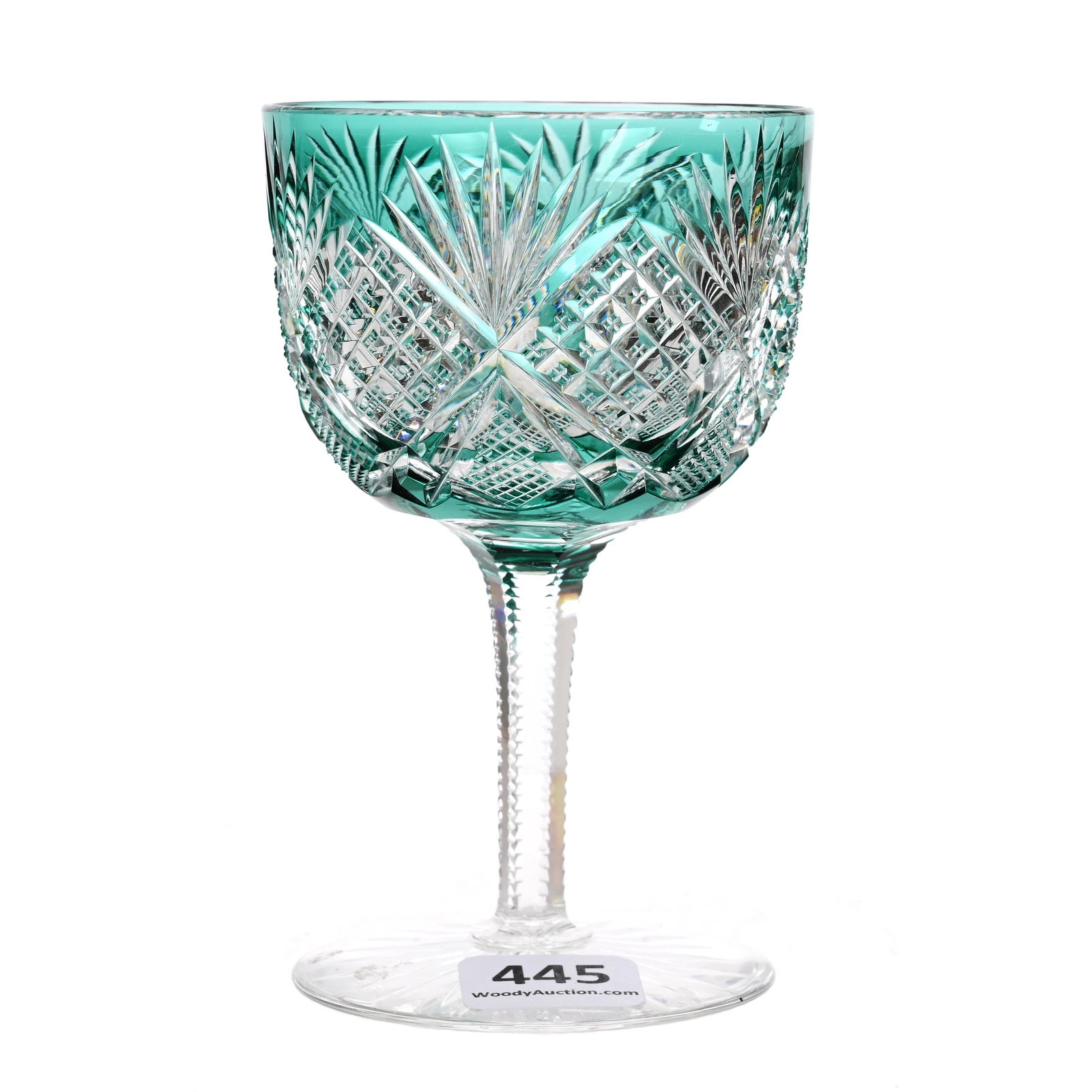 Wine Stem, ABCG, Turquoise Cut To Clear: Wine Stem, ABCG, Turquoise Cut To Clear, 4.25" x 2.75", Devonshire Pattern By Hawkes, Ray Cut Foot, Professional Rim Polish, Dennis R. Lemon Collection.