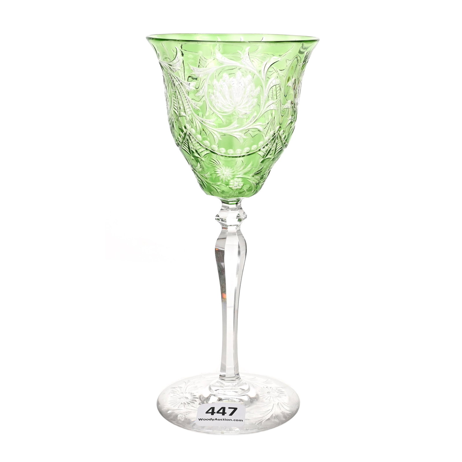Wine Stem, ABCG, Signed Sinclaire Green Cut To Clear: Wine Stem, ABCG, Signed Sinclaire Green Cut To Clear, 6.75" x 3", Engraved Floral And Web Design, Pattern Engraved Foot, Dennis R. Lemon Collection.
