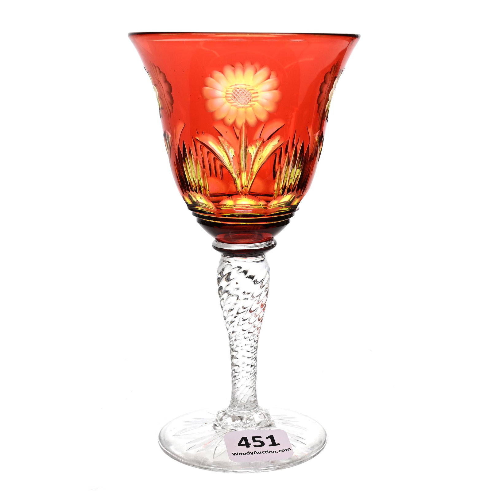 Wine Stem, BPCG, Cranberry Cut To Yellow To Clear: Wine Stem, BPCG, Cranberry Cut To Yellow To Clear, 5.75" x 3", Engraved Floral Decor, Clear Twist Stem, Fancy Ray Cut Foot, Dennis R. Lemon Collection.