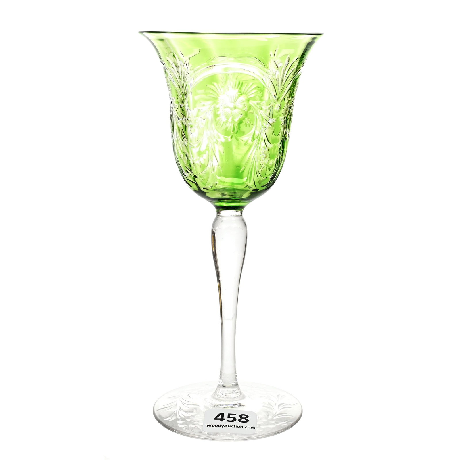 Wine Stem, ABCG, Signed Hawkes Green Cut To Clear: Wine Stem, ABCG, Signed Hawkes Green Cut To Clear, 6.25" x 3", Engraved Floral And Feather Design, Pattern Engraved Foot, Dennis R. Lemon Collection.