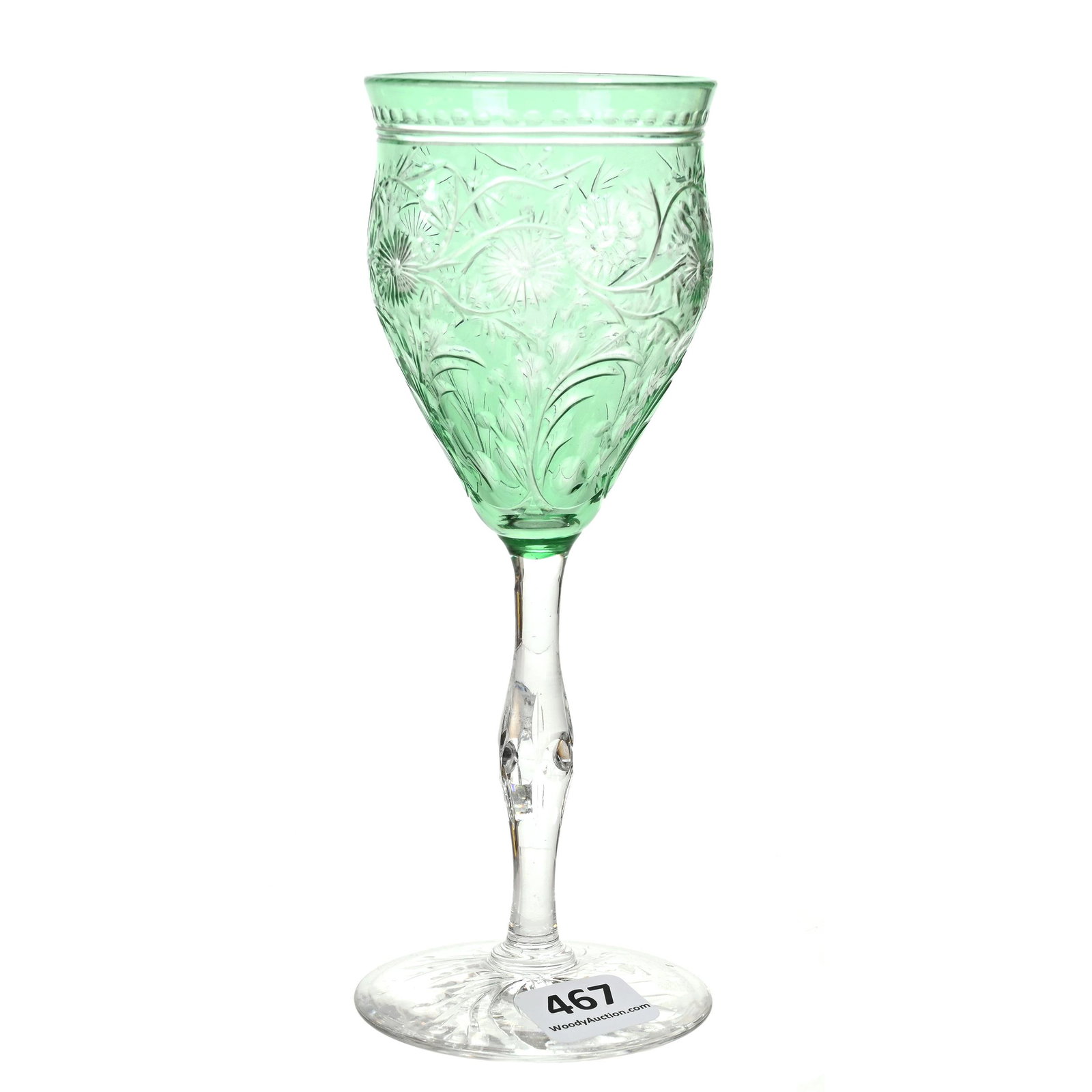 Wine Stem, ABCG, Green Cut To Clear: Wine Stem, ABCG, Green Cut To Clear, 6.5" x 2.5", Engraved Floral Decor, Pattern Engraved Foot, Attributed To Sinclaire, Dennis R. Lemon Collection.