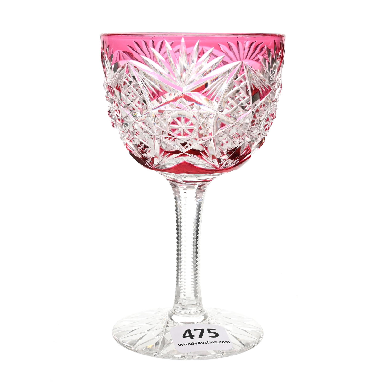 Wine Stem, ABCG, Cranberry Cut To Clear: Wine Stem, ABCG, Cranberry Cut To Clear, 4.75" x 2.75", Perrot Pattern By Straus, Hobstar Foot, As Featured In Pearson's Volume 1, Page 249, Dennis R. Lemon Collection.