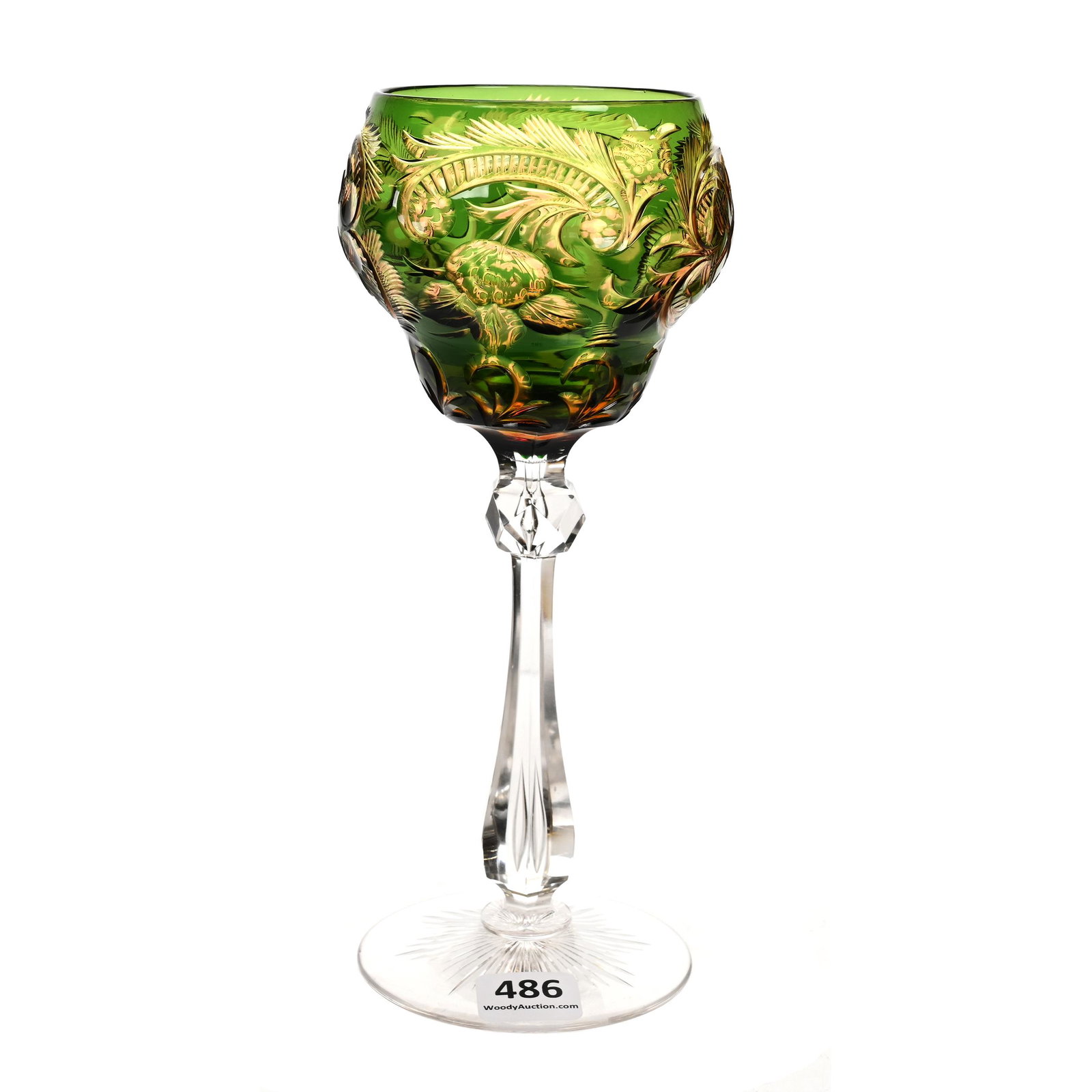Wine Stem, BPCG, Green Cut To Yellow To Rose: Wine Stem, BPCG, Green Cut To Yellow To Rose, 7.5" x 3.25", Engraved Floral, Scroll And Feather Design, Attributed To Stevens And Williams, Dennis R. Lemon Collection.