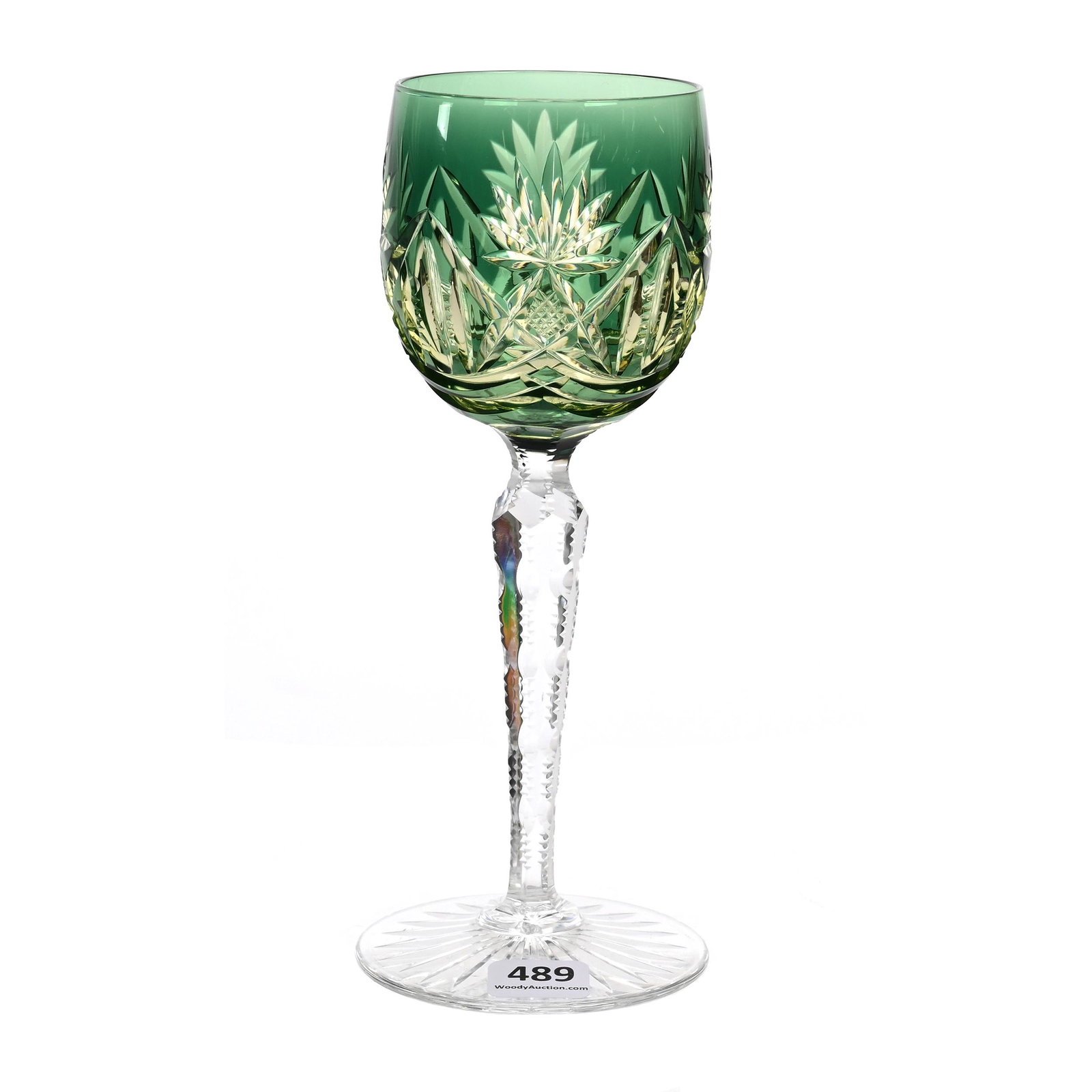 Wine Stem, BPCG, Green Cut To Vaseline: Wine Stem, BPCG, Green Cut To Vaseline, 7.75" x 3", Lubin Pattern By Val St. Lambert, Circa 1905, Solid Notched Stem, Ray Cut Foot, Connecticut Private Collection.