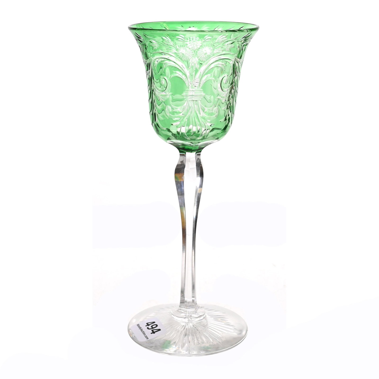 Wine Stem, ABCG, Green Cut To Clear: Wine Stem, ABCG, Green Cut To Clear, 7" x 2.75", Engraved Floral And Feather Design, Ray Cut Foot, Attributed To Hawkes, Dennis R. Lemon Collection.