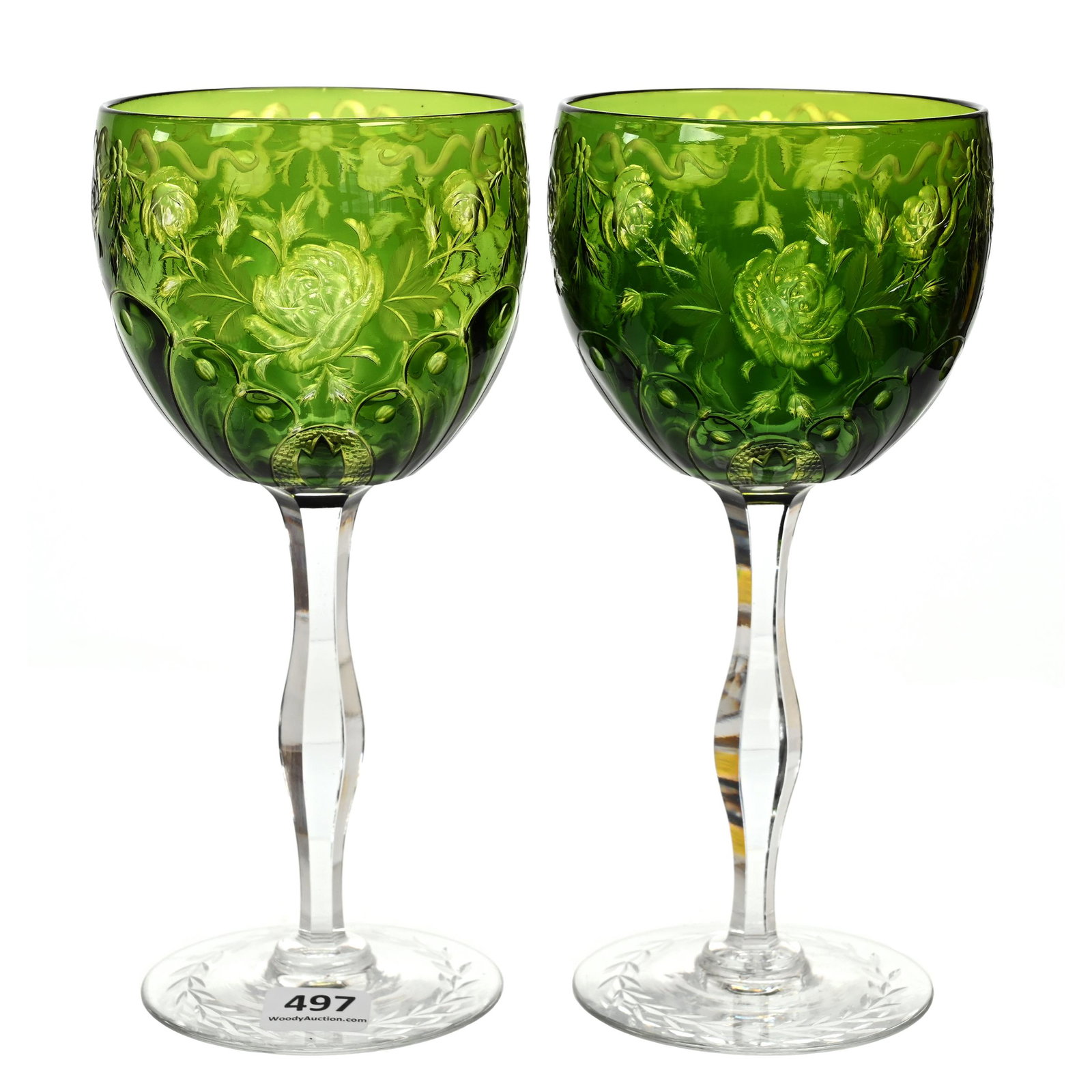 Pair Wine Stems, BPCG, Signed Webb Color Cut To Clear: Pair Wine Stems, BPCG, Signed Webb Color Cut To Clear, 7.5" x 3.25", Two Color Cut To Clear, Emerald Green Cut To Yellow Cut To Clear, Rose And Ribbon Decor, Beautiful Color, Private Collection.