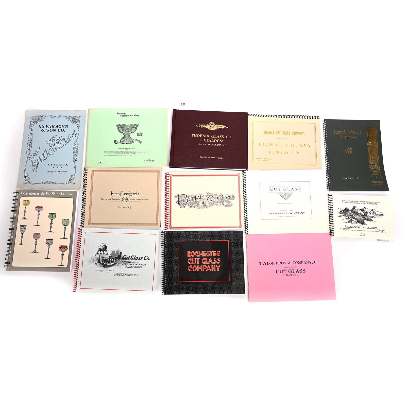 (13) Catalogs - American Brilliant Cut Glass: (13) ACGA Catalog Reprints - American Brilliant Cut Glass, (1) Phoenix Glass Co., (1) Val St. Lambert, (1) Hunt Glass Works, (1) Buffalo Glass, (1) Laurel Cut Glass, (1) Egginton's Celebrated Cut Glas