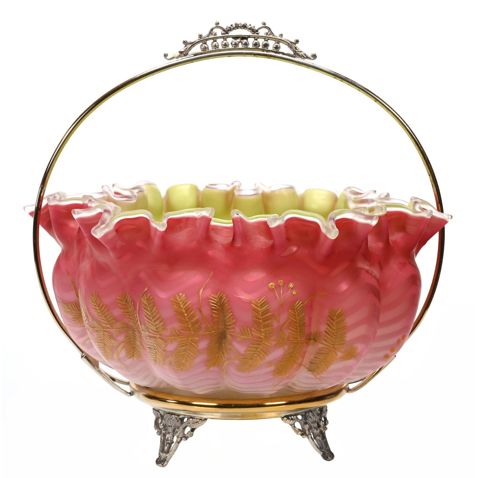 Victorian Brides Basket, Cased Pink Satin Herringbone: Victorian Brides Basket, Cased Pink Satin Herringbone, 11" x 10.75", Green Satin Interior, Gold Enamel Floral Decor, Set On Royal Manufacturing Silverplate Frame, Rim Chip, The David & Marlene Howard 