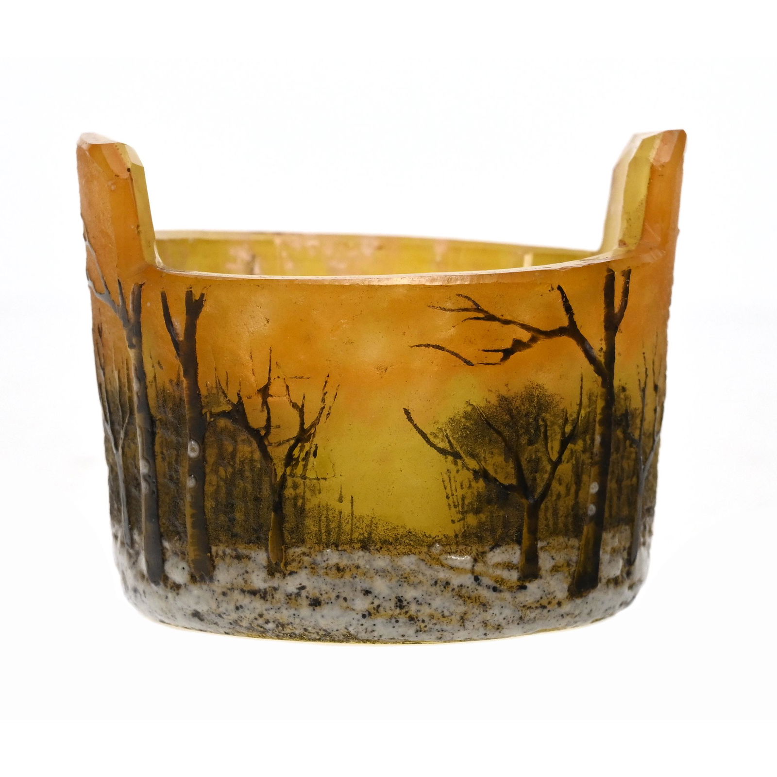 Salt Cellar Signed Daum Nancy French Cameo Art Glass: Salt Cellar Signed Daum Nancy French Cameo Art Glass, 1.5" x 1.75", Winter Season, Also Marked With Cross Of Lorraine And "1877", The David & Marlene Howard Collection.