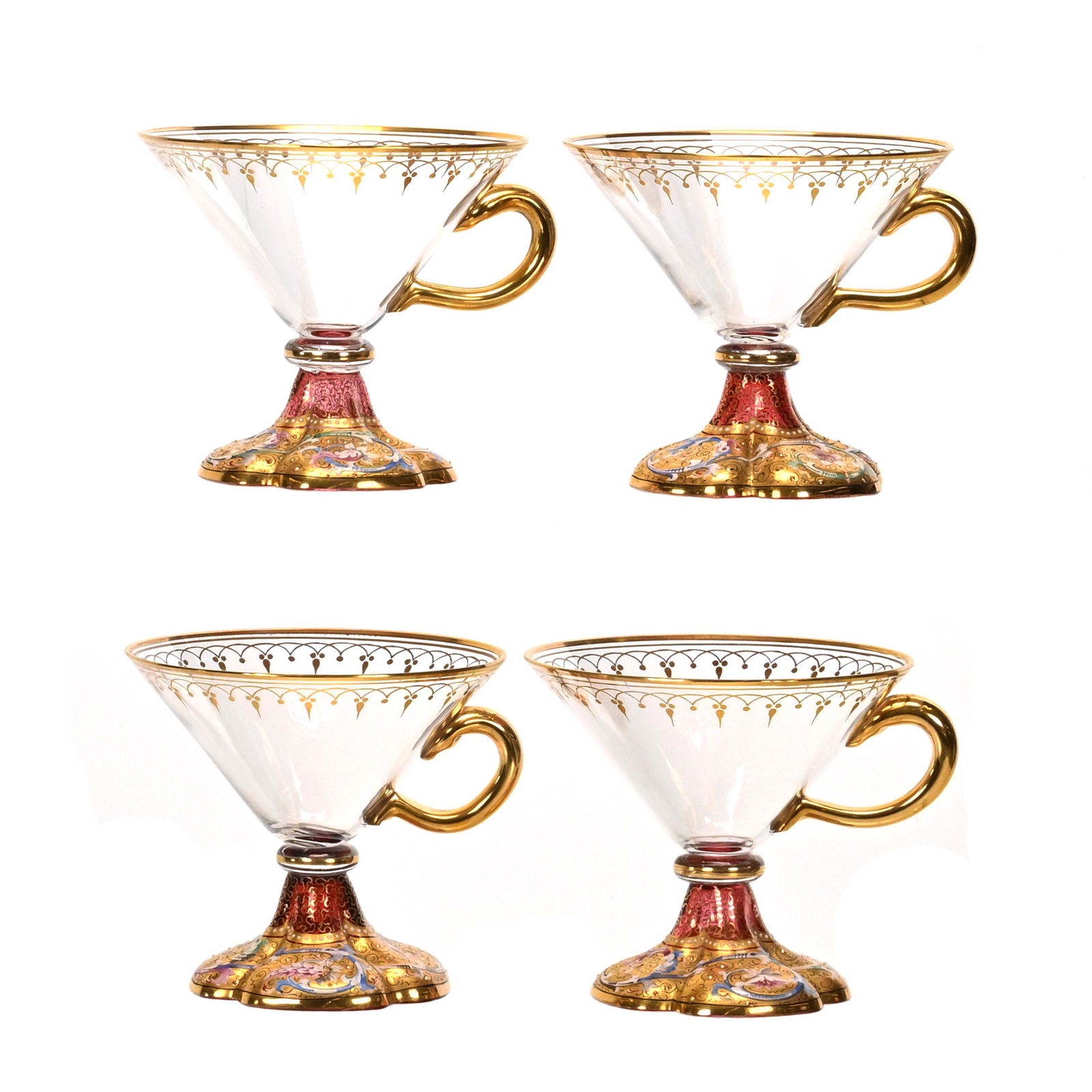 (4) Pedestal Handled Cocktails, Bohemian Art Glass (1 of 3)
