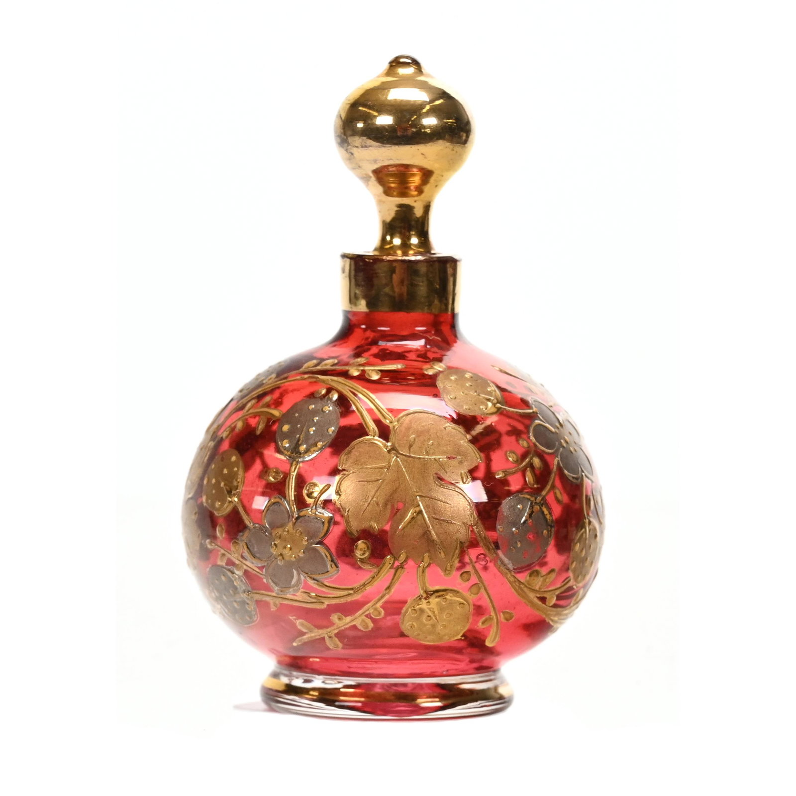 Miniature Perfume, Cranberry Bohemian Art Glass: Miniature Perfume, Cranberry Bohemian Art Glass, 2.75" x 1.75", Heavy Enamel Gold And Silver Floral And Berry Decor, The David & Marlene Howard Collection.