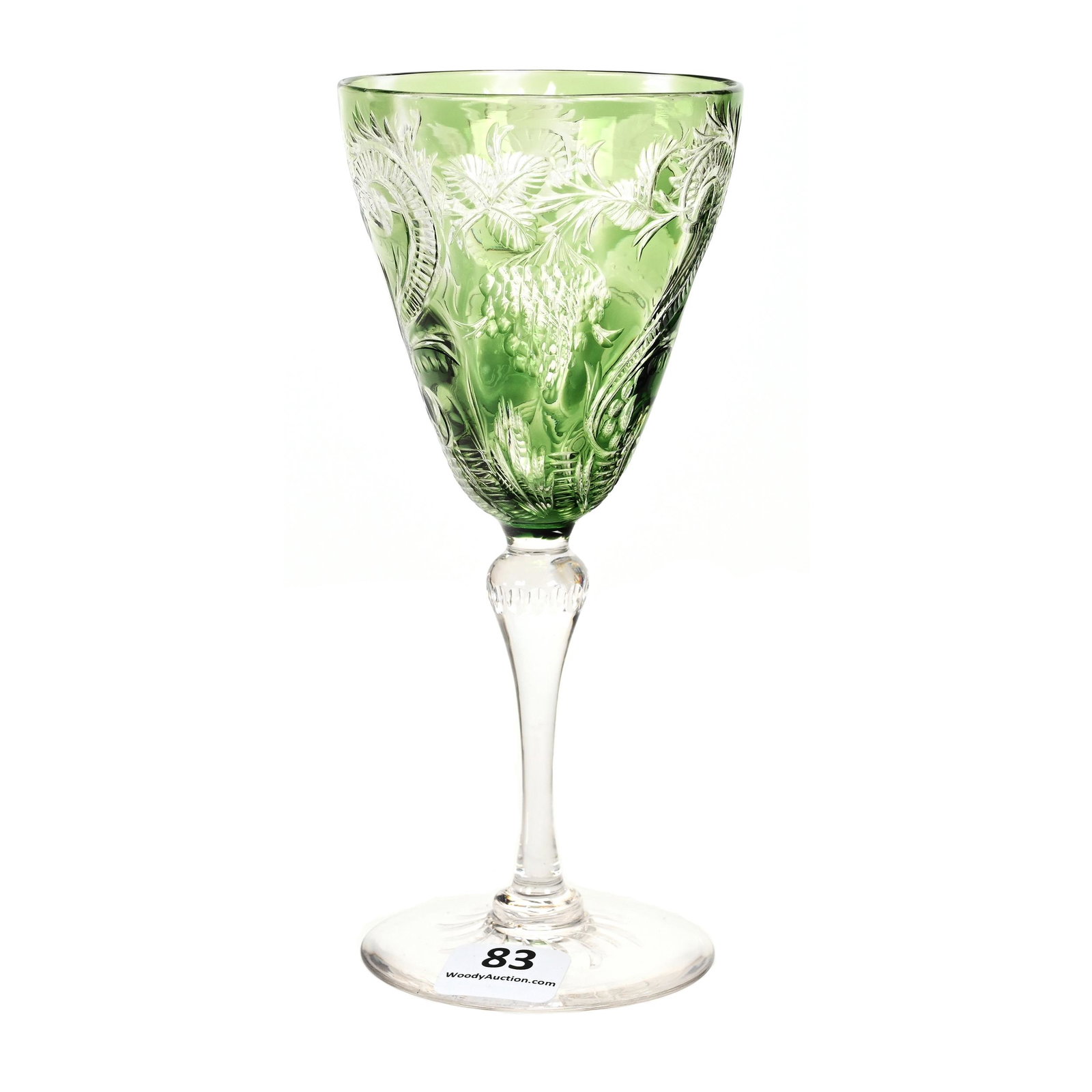 Wine Stem, BPCG, Green Cut To Clear: Wine Stem, BPCG, Green Cut To Clear, 6.25" x 2.75", Engraved Vine And Scroll Decor, Attributed To Webb, The David & Marlene Howard Collection.