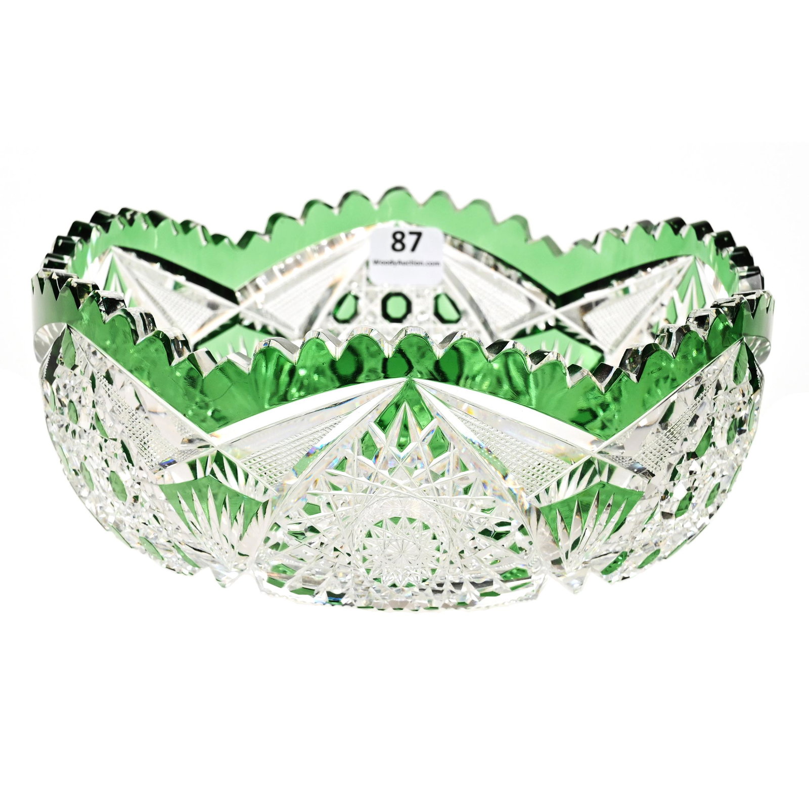 Bowl, BPCG, Green Cut To Clear: Bowl, BPCG, Green Cut To Clear, 3.5" x 8", Hobstar, Strawberry Diamond, Cane, Zipper And Fan Motif, Attributed To Val St. Lambert, One Tooth Chipped, One Interior Rim Chip, The David & Marlene Howard 