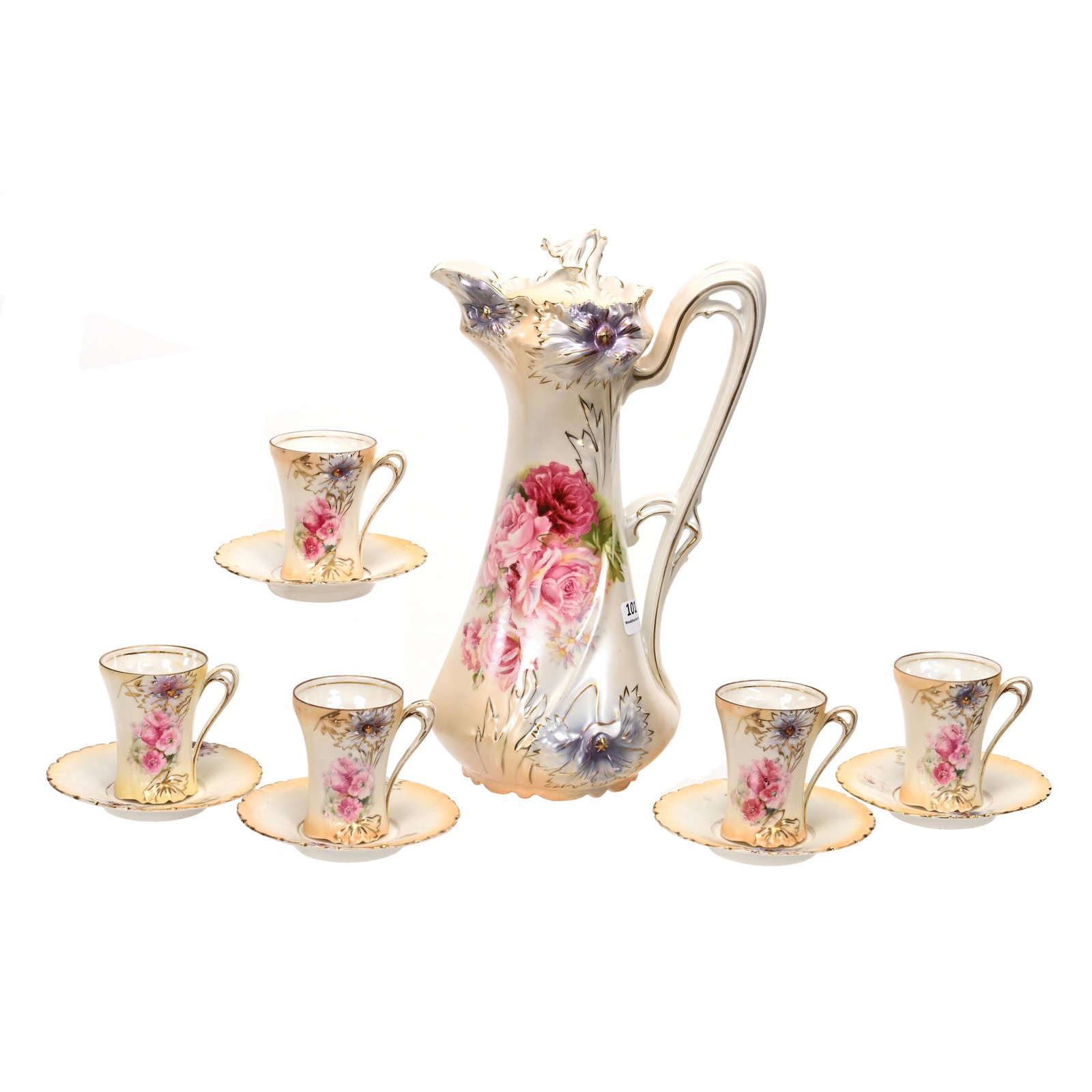Chocolate Set Marked R.S. Prussia, Carnation Mold: Chocolate Set Marked R.S. Prussia, Carnation Mold, White, Peach And Lavender Satin Finish, Pink Rose And Poppy Decor, (1) 11.75" X 7" Chocolate Pot, (5) Matching 3.25" X 4.5" Cups And Saucers, Outside
