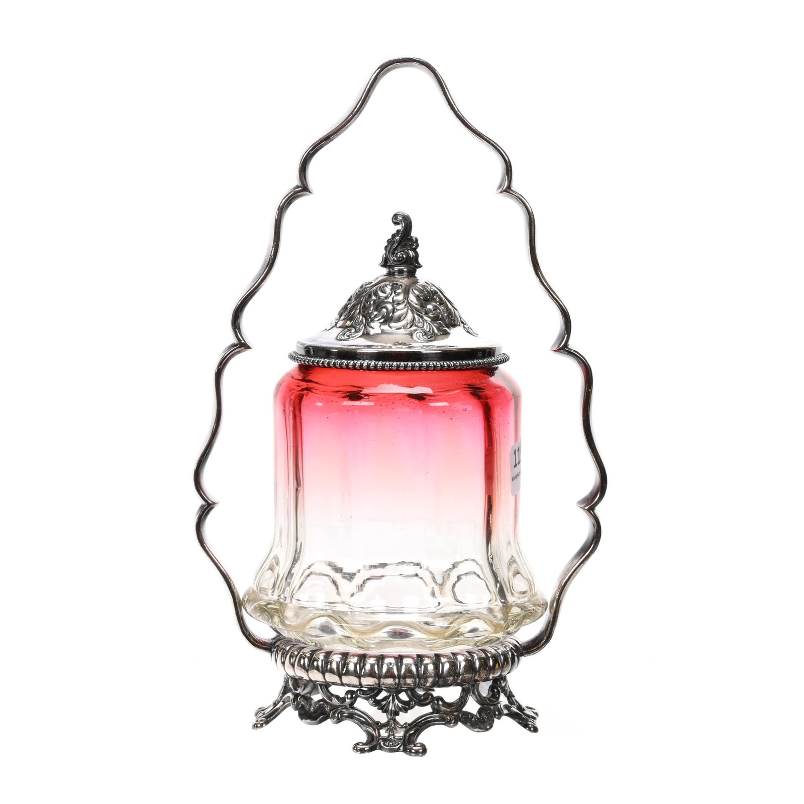 Victorian Pickle Castor, Rubina Optic Rib Art Glass: Victorian Pickle Castor, Rubina Optic Rib Art Glass, 9" x 5.5", Set On Derby Silverplate Frame, The David & Marlene Howard Collection.