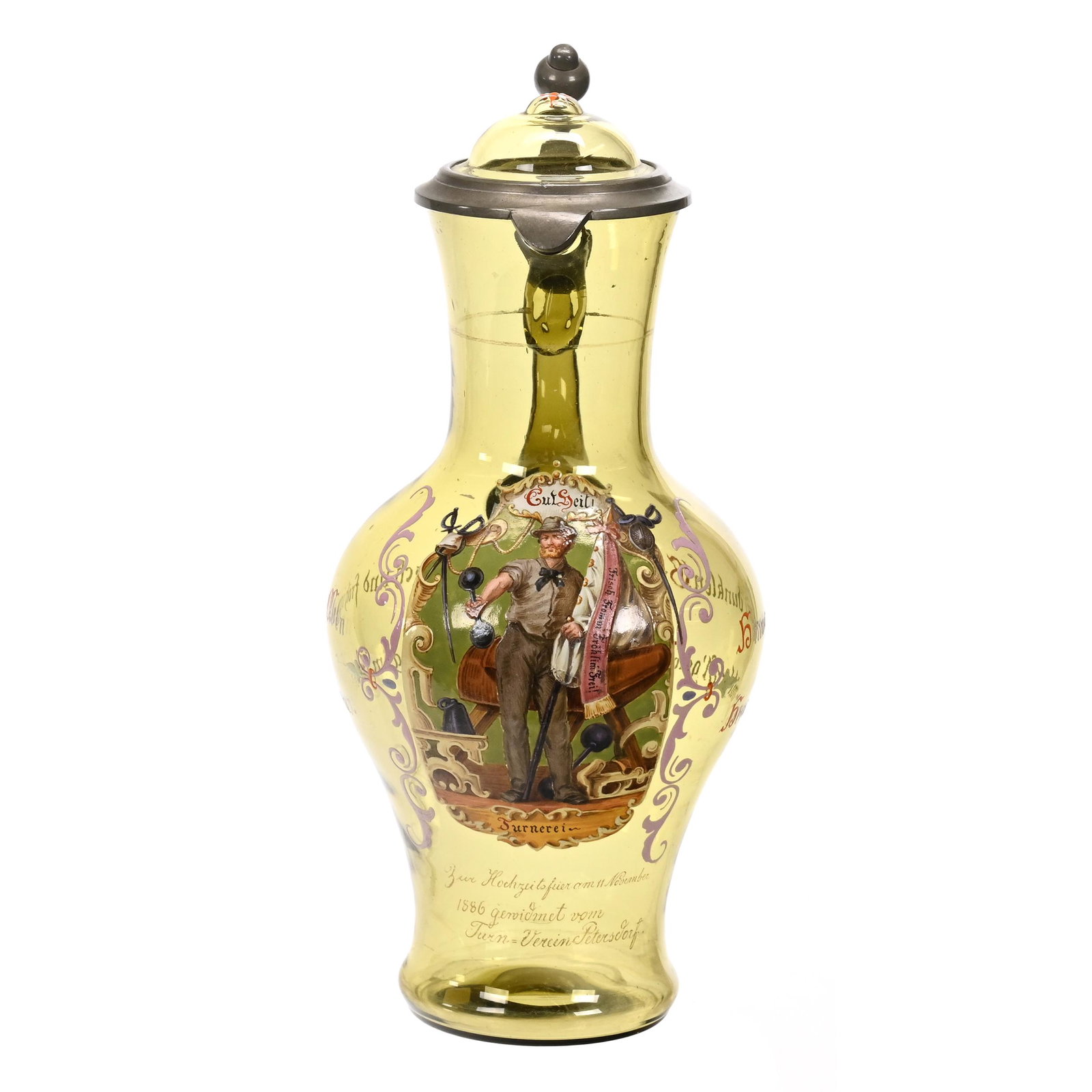 Tankard, Green Bohemian Art Glass: Tankard, Green Bohemian Art Glass, 13.5" x 6.5", Colorful Enamel Scene Of Athlete With Sporting Equipment, Dated "November 11, 1886", Inscription In German, Glass And Pewter Flip Lid, Polished Pontil 