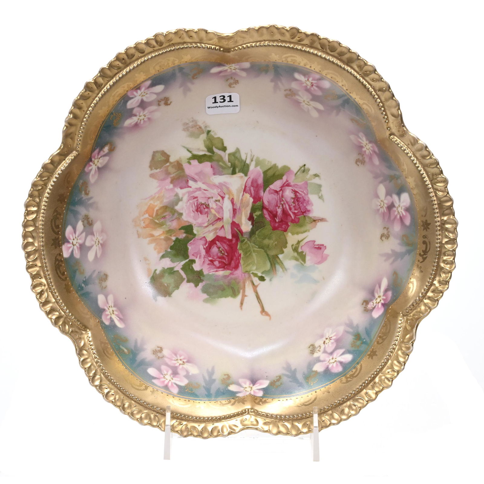 Bowl Marked R.S. Prussia, Scalloped Mold: Bowl Marked R.S. Prussia, Scalloped Mold, 10.75", White, Lavender And Tiffany Satin Finish, Rose Decor, Heavy Gold Trim, The David & Marlene Howard Collection.