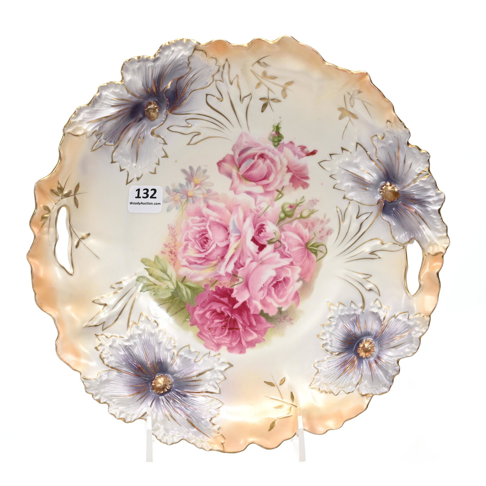 Cake Plate Marked R.S. Prussia, Carnation Mold: Cake Plate Marked R.S. Prussia, Carnation Mold, 10.25", Cream, Peach And Lavender Satin Finish, Pink Rose Decor, The David & Marlene Howard Collection.