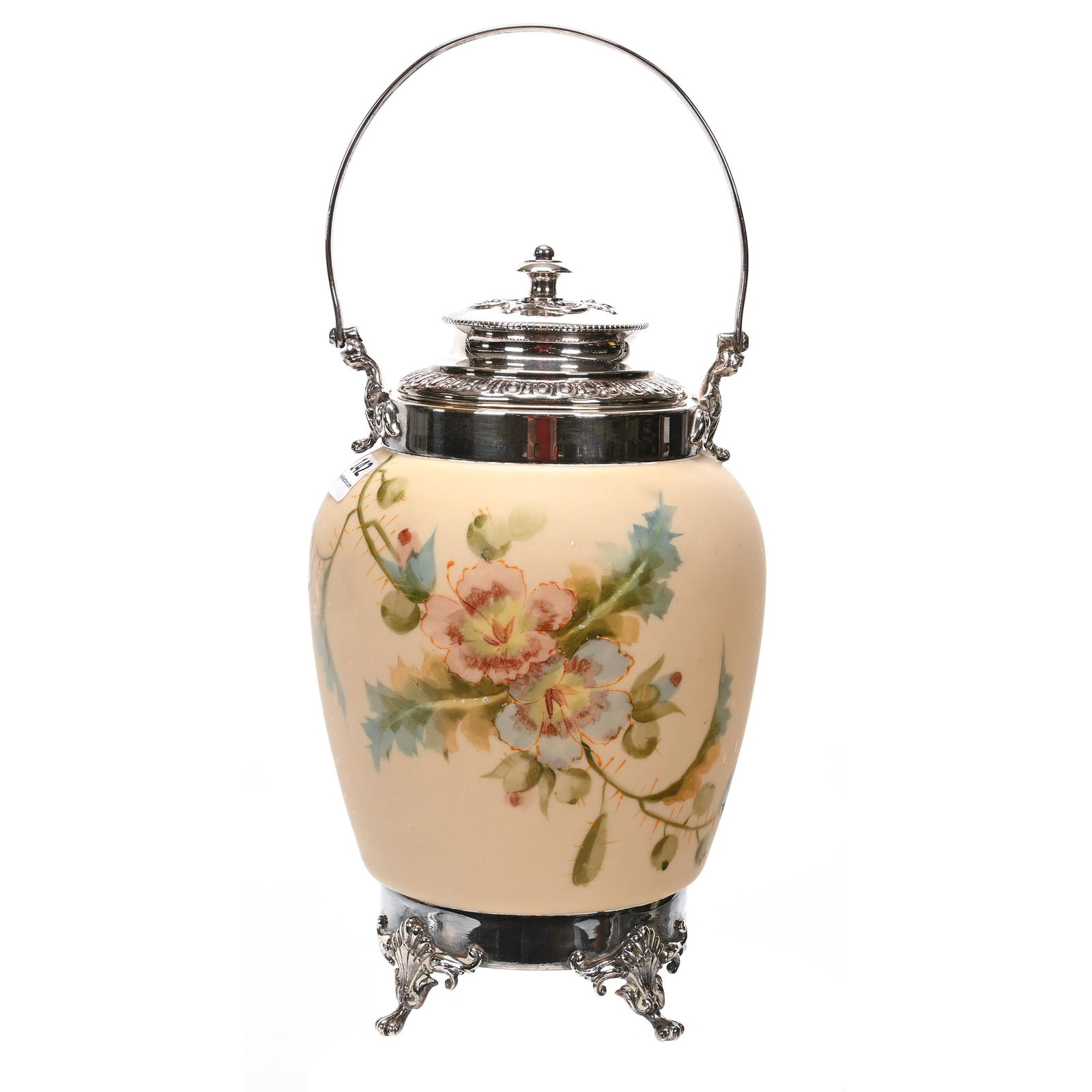 Biscuit Jar, Brown Bristol Art Glass: Biscuit Jar, Brown Bristol Art Glass, 9" x 5.25", Floral Blossom Decor, Silverplate Feet, Bail, Rim And Lid, Interior Strike Damage, The David & Marlene Howard Collection.