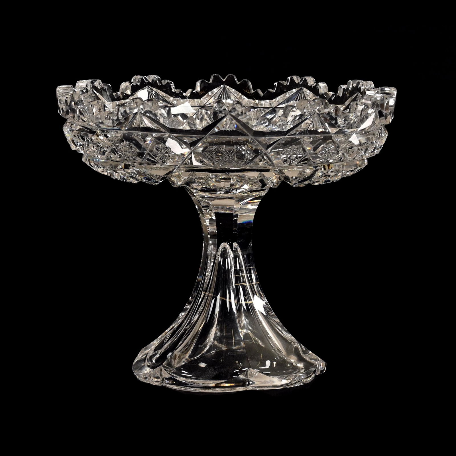 Compote, ABCG, Signed J. Hoare Steuben Pattern: Compote, ABCG, Signed J. Hoare Steuben Pattern, 7" x 8", Petticoat Base, Clear Blank, One Hard To See Interior Tooth Bruise, The David & Marlene Howard Collection.