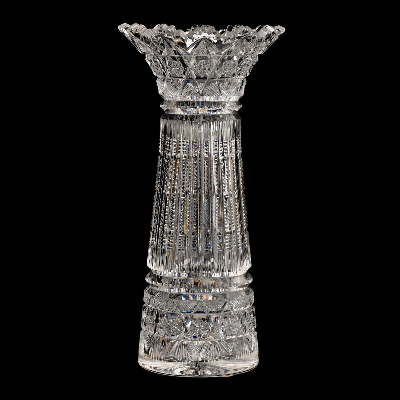 Vase, American Brilliant Cut Glass, Signed Pitkin And: Vase, American Brilliant Cut Glass, Signed Pitkin And Brooks, 10.25" x 4.75", Prism Cut Body With Hobstar Chain, Ray Cut Base, The David & Marlene Howard Collection.
