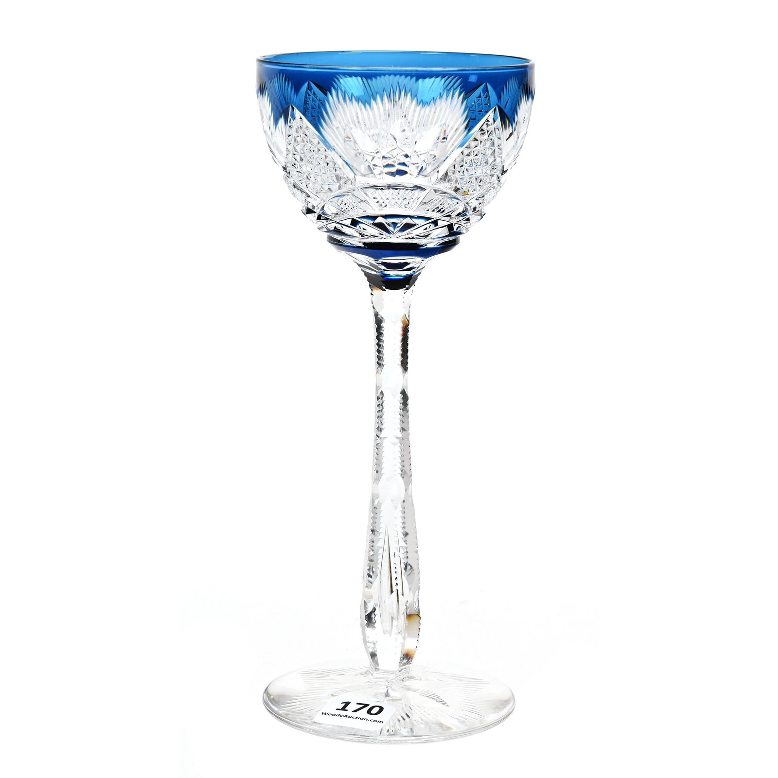 Wine Stem, BPCG, Blue Cut To Clear: Wine Stem, BPCG, Blue Cut To Clear, 8" x 3.25", Riverton Pattern By Val St. Lamber, Circa 1925, Notched Teardrop Stem, Flashed Hobstar Foot, The David & Marlene Howard Collection.