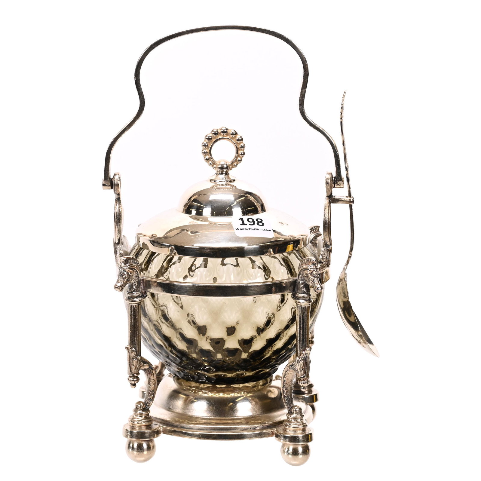 Victorian Pickle Castor, Smoke Art Glass Insert: Victorian Pickle Castor, Smoke Art Glass Insert, 7" x 5", Cut Velvet Design, Insert Is Tight Fit In Frame, Unable To Remove, Chips On Stopper Plug, Set On Reed & Barton #860 Silverplate Frame With Hor
