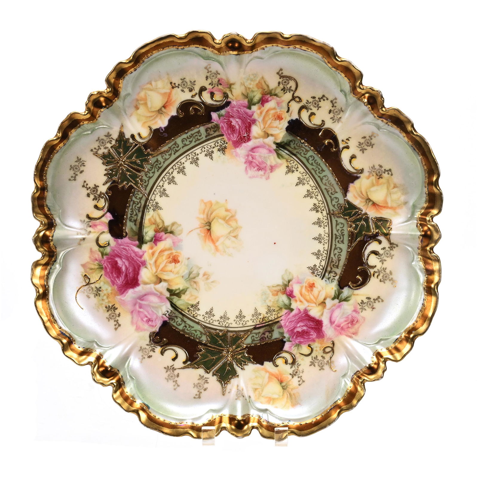 Plate, Unmarked R.S. Prussia: Plate, Unmarked R.S. Prussia, 8.5", Green And White Satin Finish, Bronze Trim Highlights, Pink And Yellow Rose Decor, The David & Marlene Howard Collection.