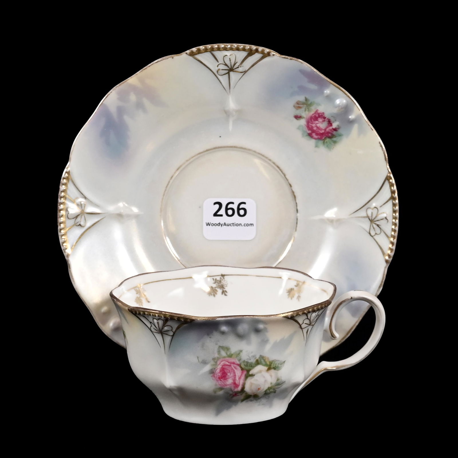 Coffee Cup & Saucer Marked R.S. Prussia: Coffee Cup & Saucer Marked R.S. Prussia, 2.25" x 5.5", Point And Clover Mold, White And Lavender Satin Finish, Pink And White Rose Decor, The David & Marlene Howard Collection.
