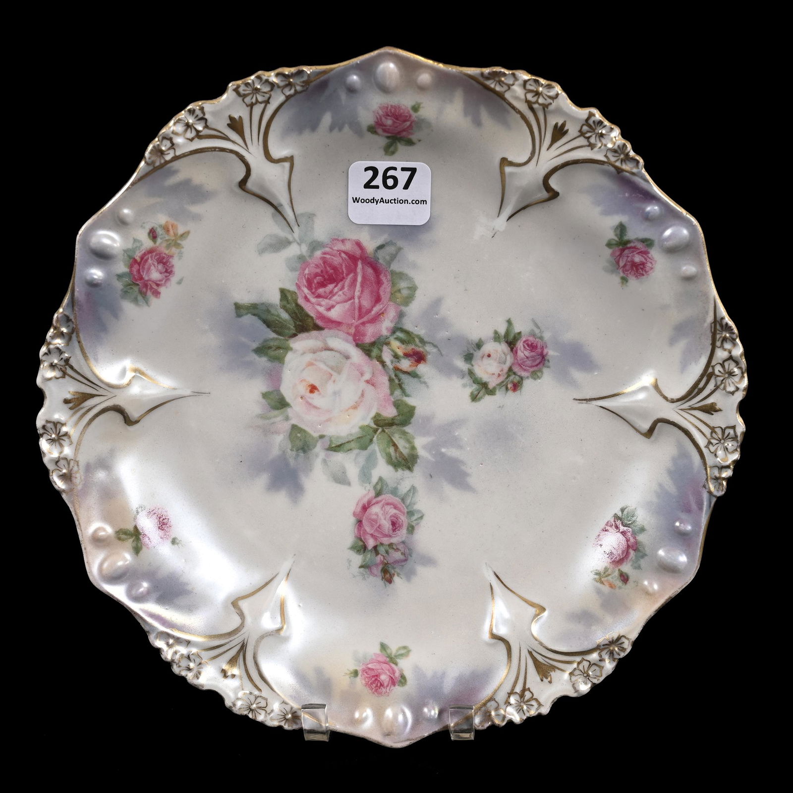 Plate Marked R.S. Prussia, Point & Clover Mold: Plate Marked R.S. Prussia, Point & Clover Mold, 7.5", White And Lavender Satin Finish, Pink And White Rose Decor, The David & Marlene Howard Collection.