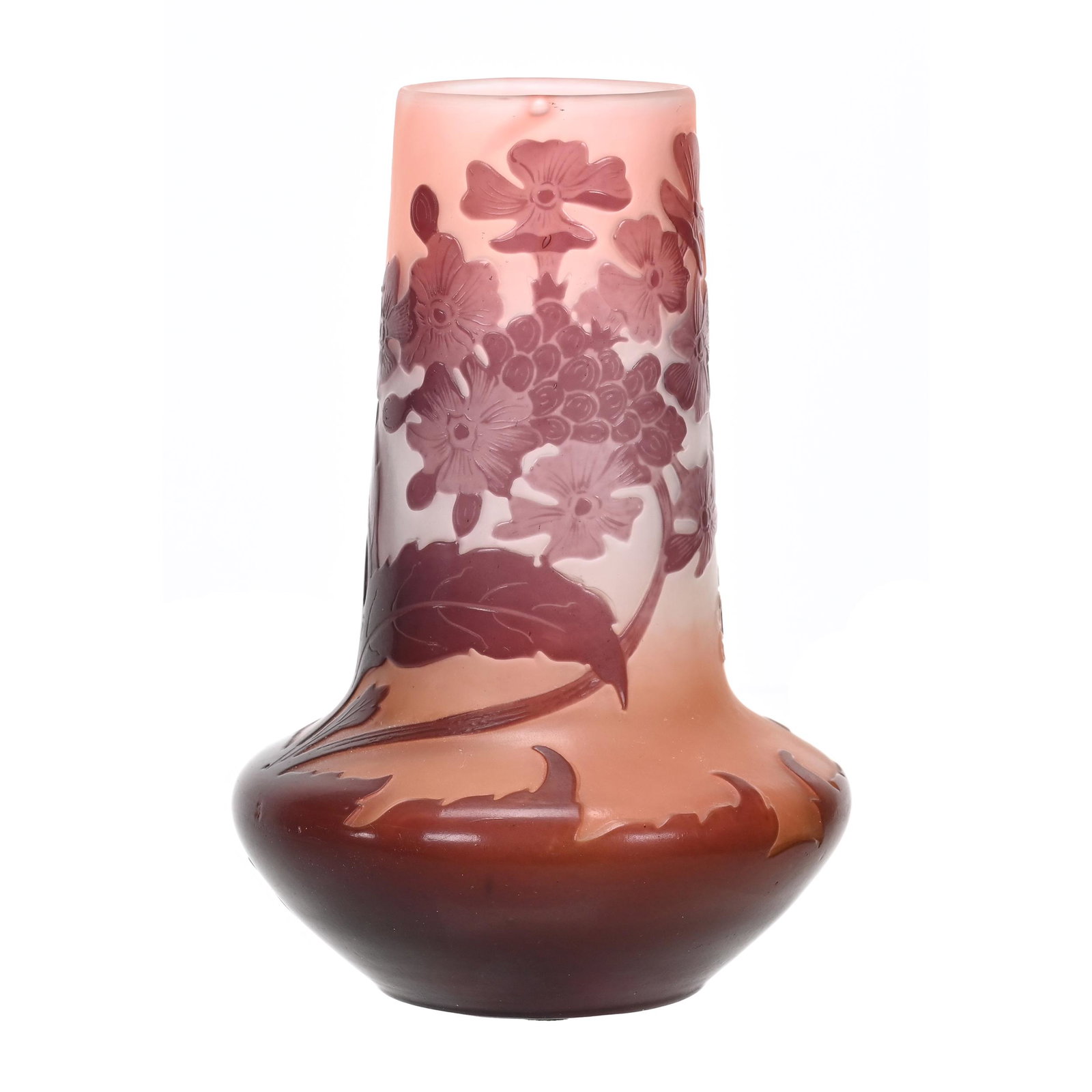 Vase Signed Galle French Cameo Art Glass: Vase Signed Galle French Cameo Art Glass, 5" x 3.5", Pink And White Ground With Lavender Cameo Carved Floral Overlay, The David & Marlene Howard Collection.