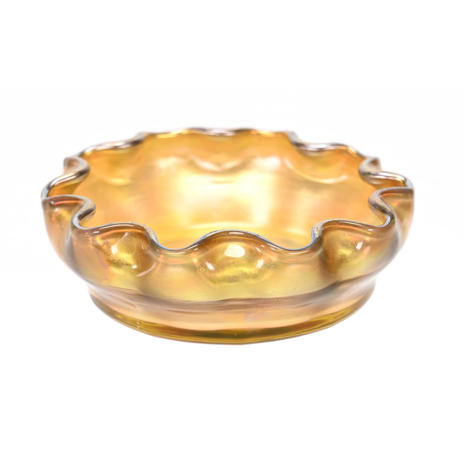 Salt Cellar Signed LCT Favrile #1256 Art Glass: Salt Cellar Signed LCT Favrile #1256 Art Glass, 2.5", Gold Iridescent, Scalloped Rim, The David & Marlene Howard Collection.