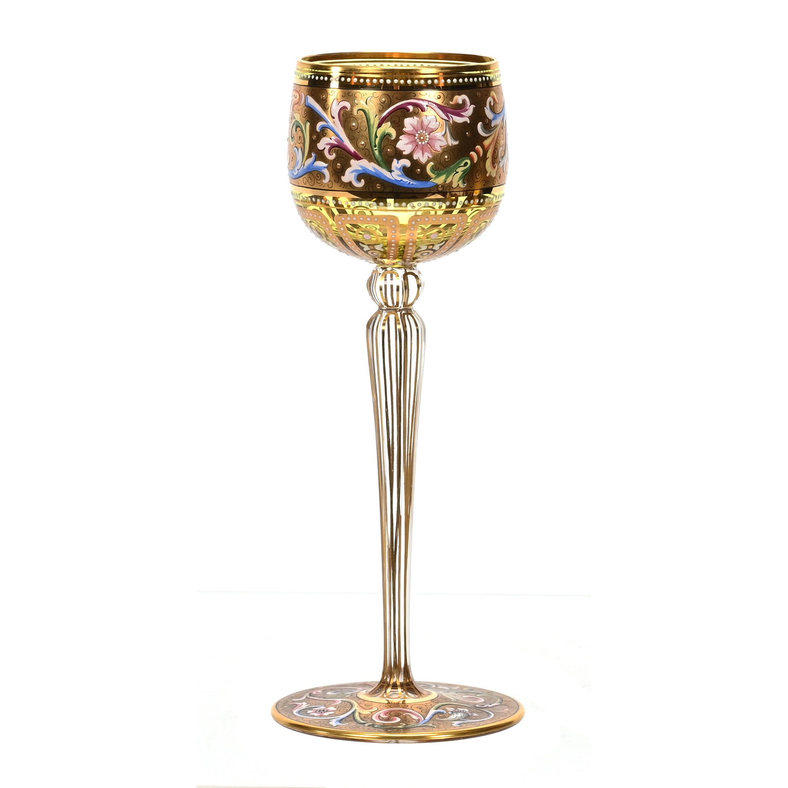Wine Stem, Bohemian Art Glass: Wine Stem, Bohemian Art Glass, 8.25" x 3", Green Bowl, Clear Stem And Foot, Extensive Gold With Colorful Scroll Design, Very Nice Quality, The David & Marlene Howard Collection.