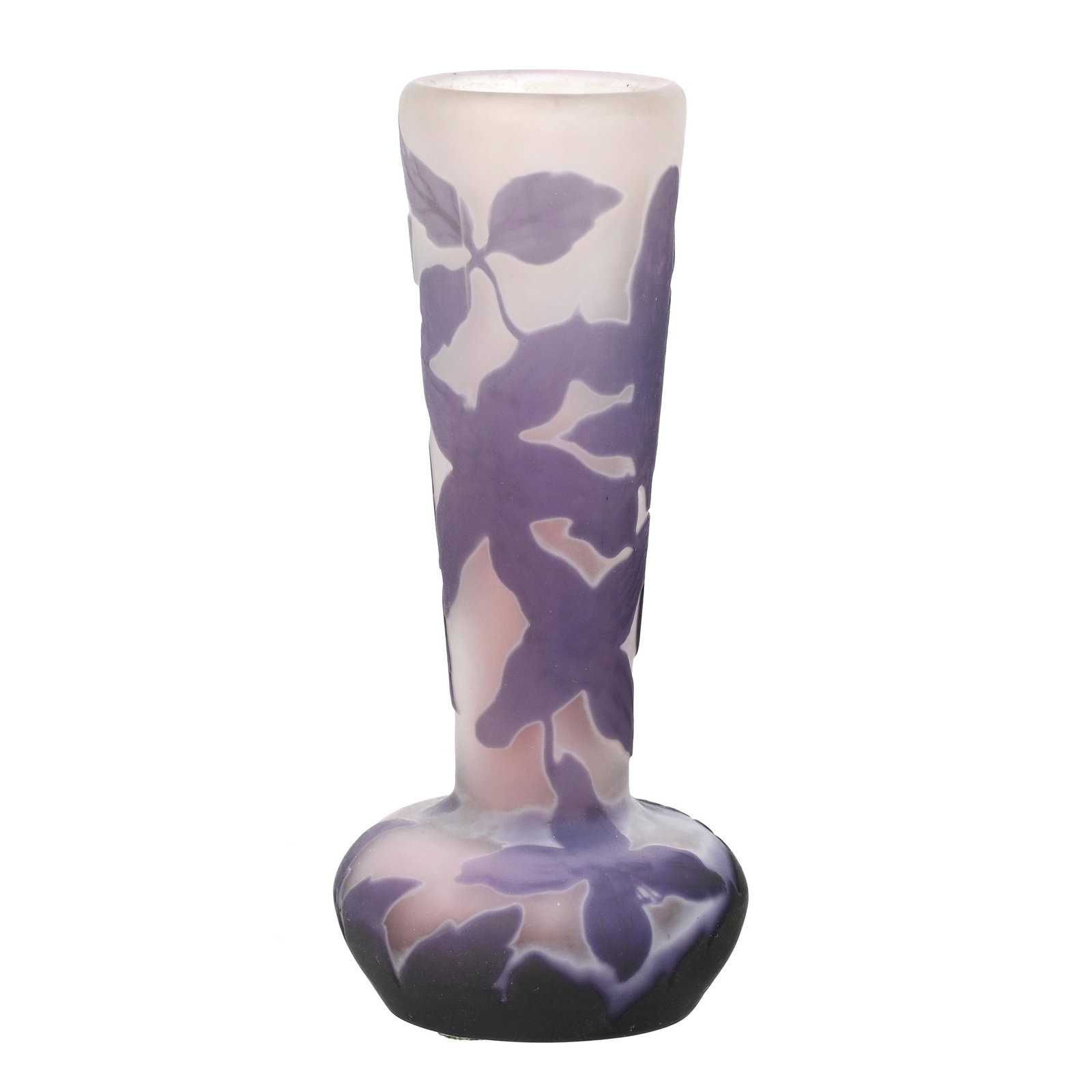Vase Signed Star Galle French Cameo Art Glass: Vase Signed Star Galle French Cameo Art Glass, 5" x 2.25", White Ground With Lavender And Green Cameo Carved Floral Overlay, The David & Marlene Howard Collection.
