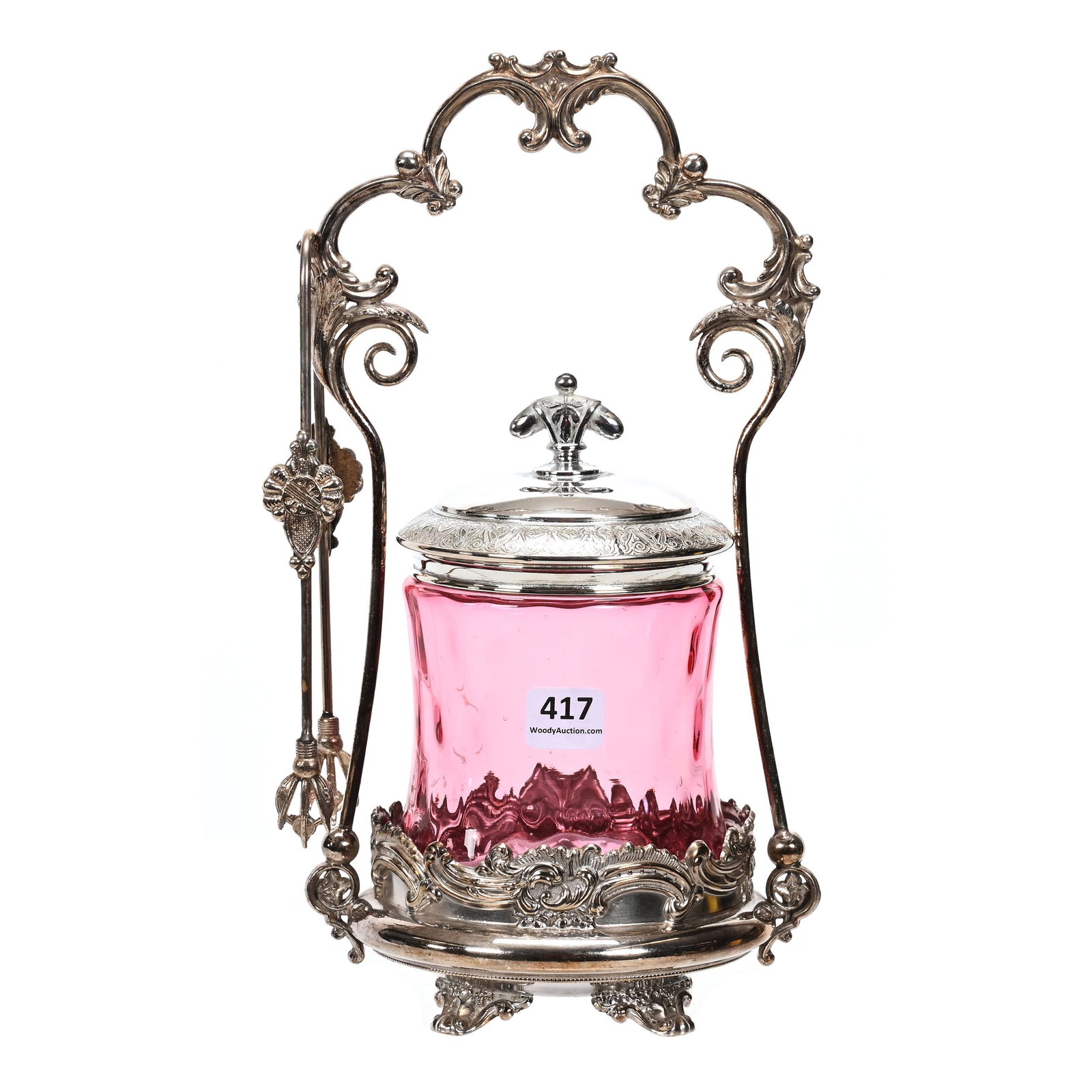 Victorian Pickle Castor, Cranberry Art Glass Insert: Victorian Pickle Castor, Cranberry Art Glass Insert, 11" x 5.5", Set On Derby #097 Silverplate Frame, Rim Chip, The David & Marlene Howard Collection.