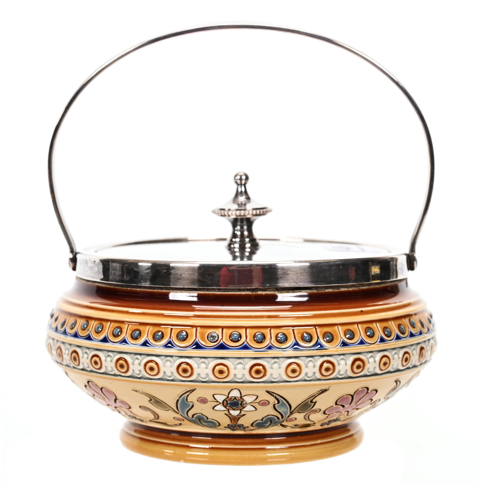 Sweetmeat Marked Mettlach #1325: Sweetmeat Marked Mettlach #1325, 3.5" x 5", Brown Tones, Colorful Floral Design, Silverplate Lid And Bail, The David & Marlene Howard Collection.