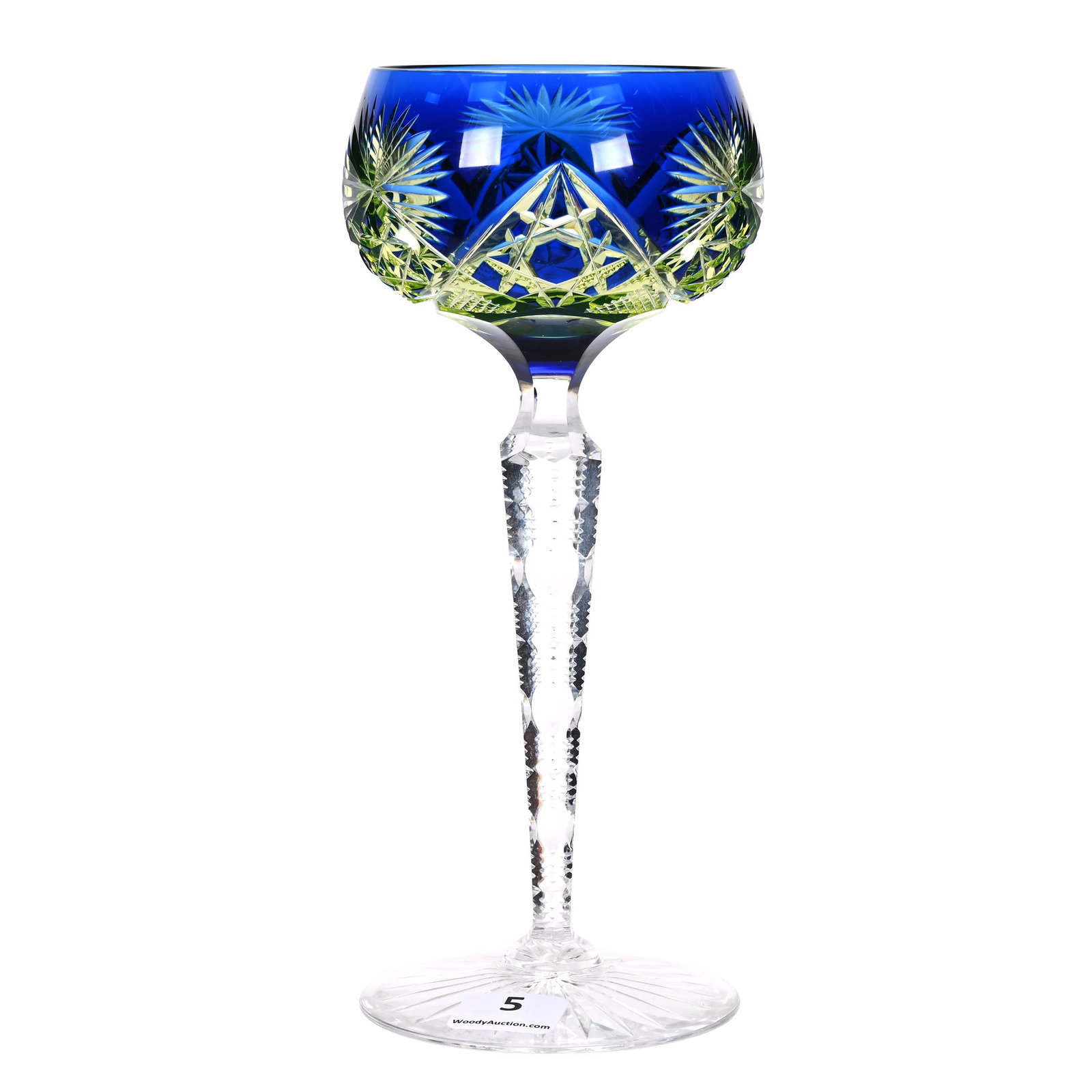 Wine Stem, BPCG, Cobalt Blue Cut To Vaseline: Wine Stem, BPCG, Cobalt Blue Cut To Vaseline, 7.75" x 3.25", Pattern #3269/17 By Val St. Lambert, Circa 1905, Clear Notched Stem, Ray Cut Foot, Personal Collection