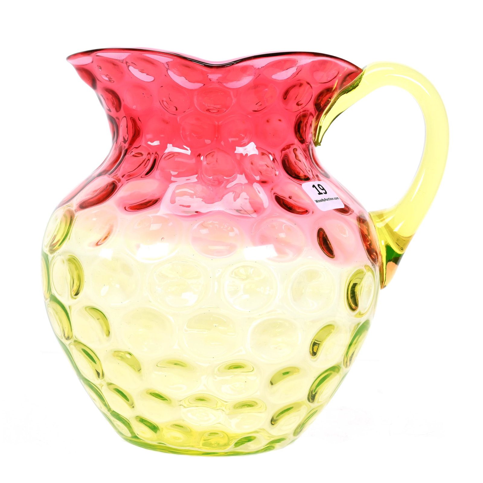 Water Pitcher, Rubina Verde Coinspot Art Glass: Water Pitcher, Rubina Verde Coinspot Art Glass, 7.75" x 7.75", Vaseline Applied Handle, Highly Reactive Under Black Light, Sue Frick Collection
