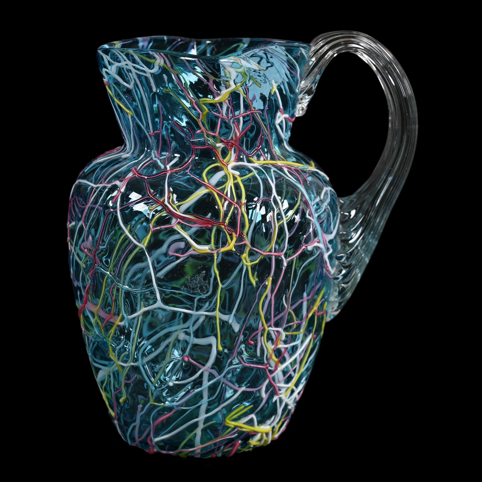 Pitcher, Blue Peloton Art Glass: Pitcher, Blue Peloton Art Glass, 5.75" x 4.75", Clear Applied Handle, Colorful, Sue Frick Collection
