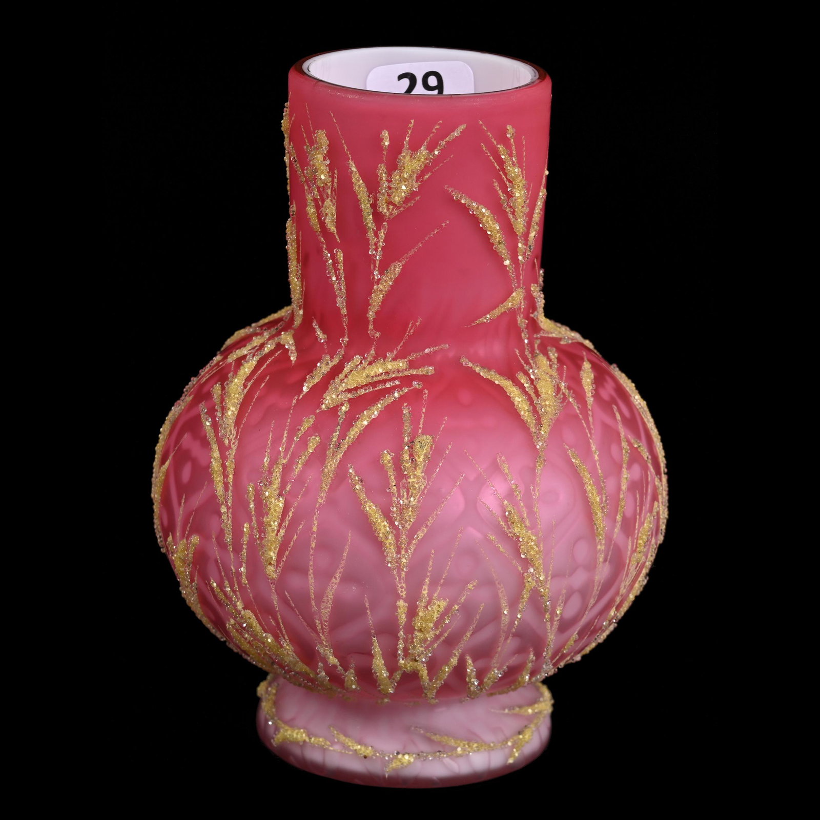 Vase, Pink Satin Diamond & Cross Mother Of Pearl Art Glass: Vase, Pink Satin Diamond & Cross Mother Of Pearl Art Glass, 5.5" x 3.75", Yellow Coralene "Wheat" Design, Some Coralene Loss, Sue Frick Collection