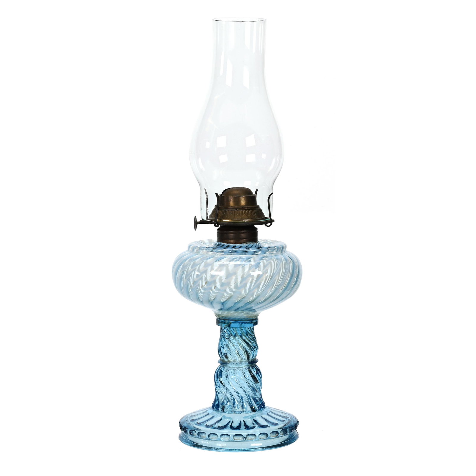 Kerosene Lamp, Blue Opalescent Swirl Art Glass: Kerosene Lamp, Blue Opalescent Swirl Art Glass, 10.5" x 5.25", Total Height With Chimney Is 17.5", Serious Repair To Font And Stem, Sue Frick Collection