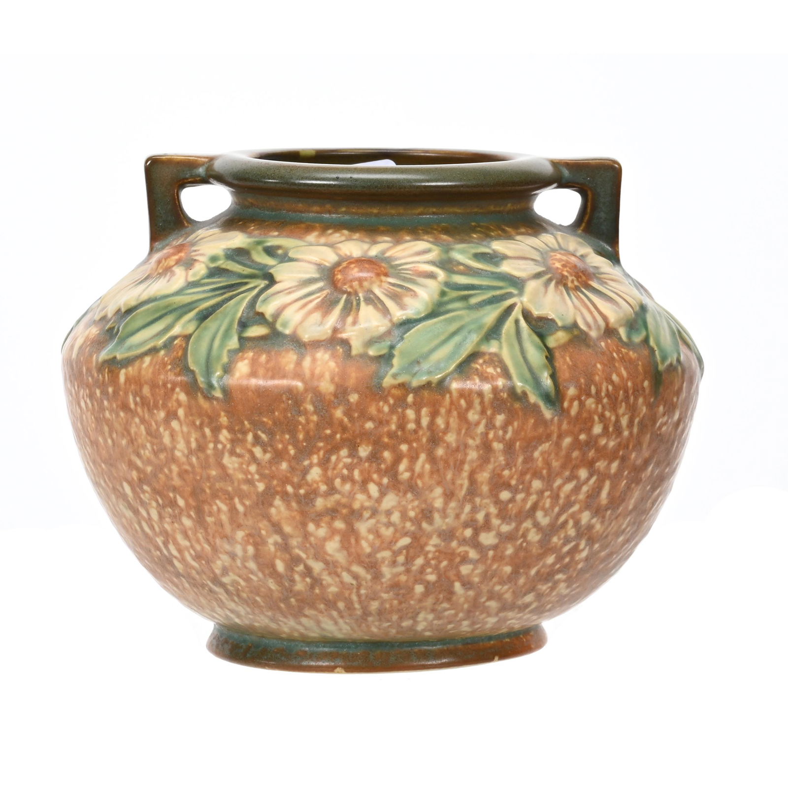 Vase, Unmarked Roseville Art Pottery: Vase, Unmarked Roseville Art Pottery, 6" x 7.5", Dahlrose Pattern, Brown Tones, Warren Taylor Collection, Kansas