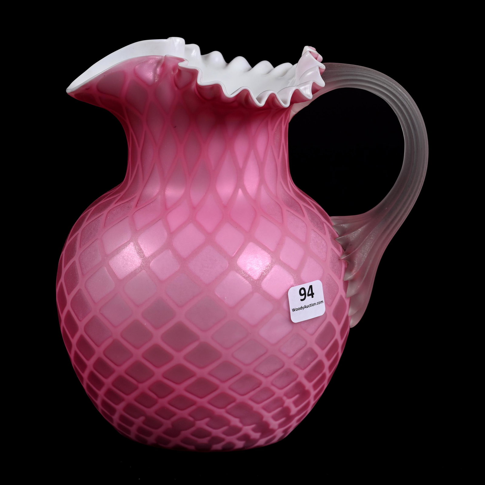 Water Pitcher, Pink Satin Diamond Quilted MOP: Water Pitcher, Pink Satin Diamond Quilted Mother Of Pearl, 7.5" x 7.25", Art Glass, Frosted Applied Ribbed Handle, Polished Pontil Base, Sue Frick Collection
