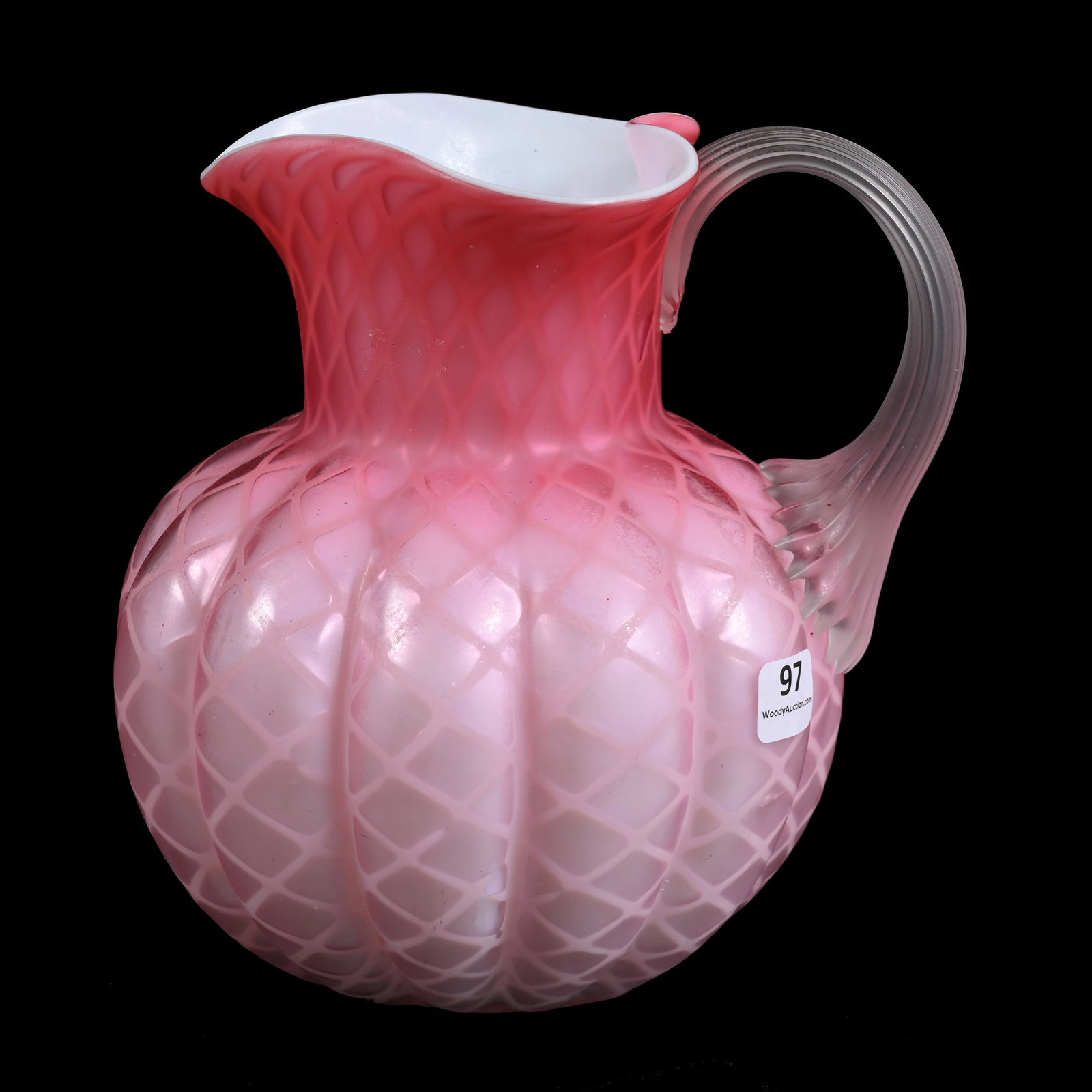 Water Pitcher, Pink Satin Diamond Quilted MOP: Water Pitcher, Pink Satin Diamond Quilted Mother Of Pearl, 7.5" x 7, Art Glass, Melon Ribbed, Frosted Applied Ribbed Handle, Polished Pontil Base, Sue Frick Collection