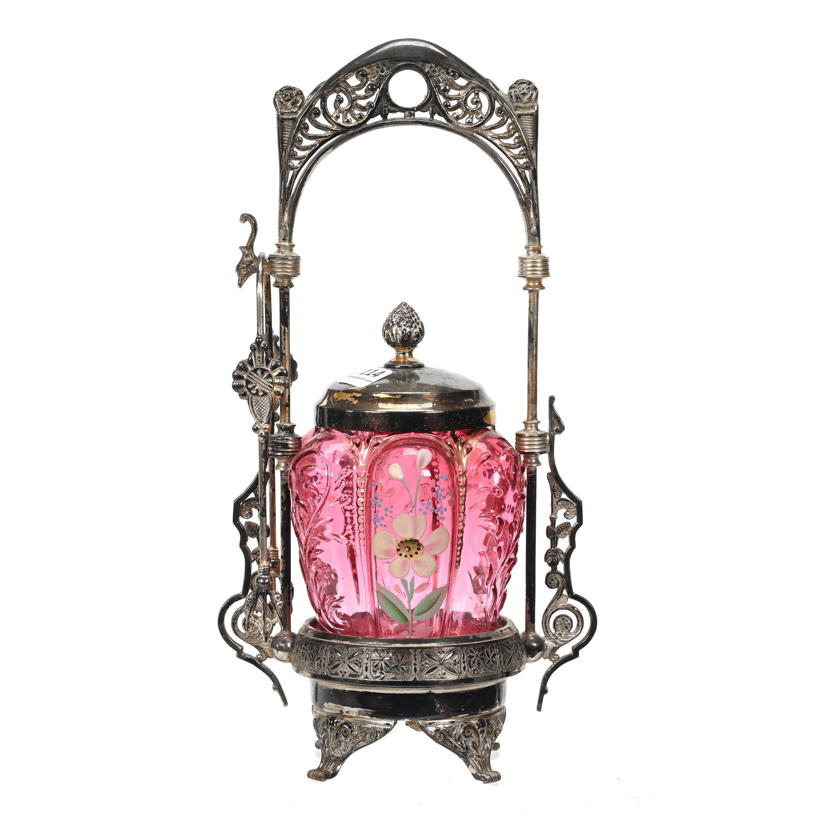 Victorian Pickle Castor, Cranberry Art Glass Insert: Victorian Pickle Castor, Cranberry Art Glass Insert, 12.25" x 6.5", Melon Ribbed With Enamel Floral Decor, Set On Pelton Brothers Silverplate Frame, Frame And Insert Are A Marriage, Indiana Private Co