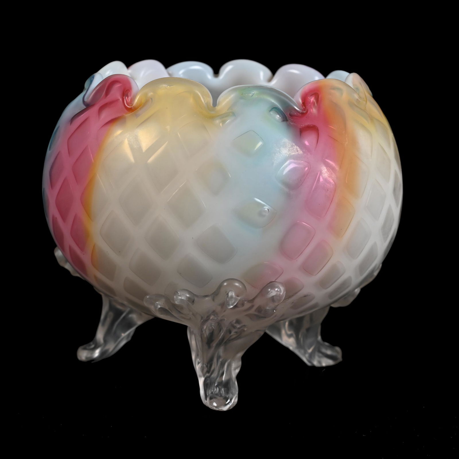 Rose Bowl, Three Feet, Cased Rainbow Art Glass (1 of 5)