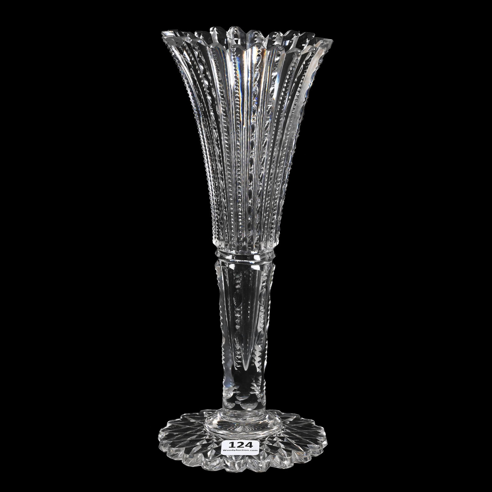 Trumpet Vase, ABCG: Trumpet Vase, ABCG, 9.75" x 4", Prism Cut Body With Scalloped Hobstar Foot, Two Heat Checks In Glass Near Rim, Sue Frick Collection