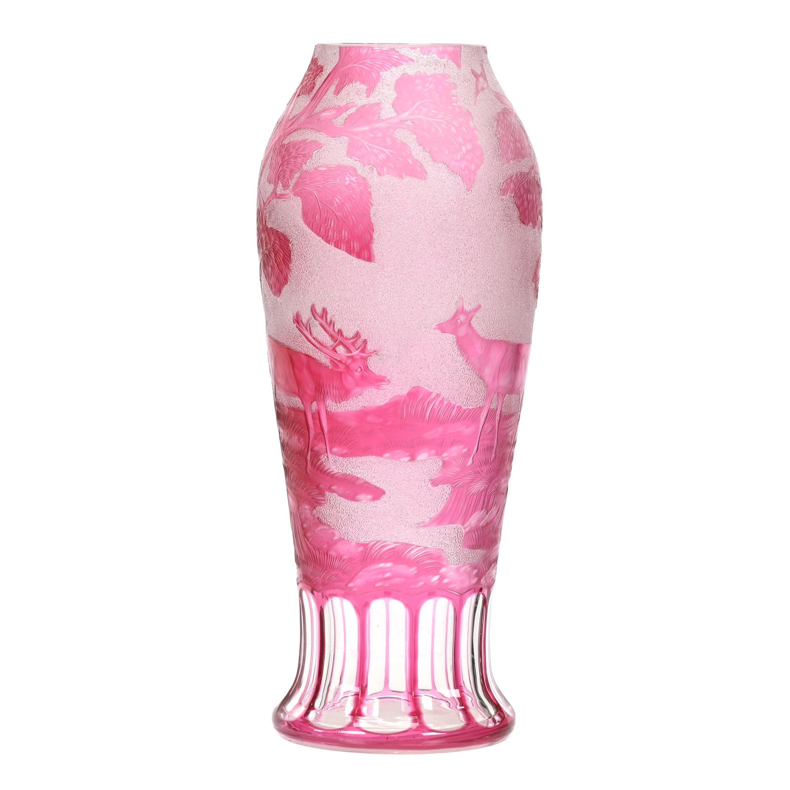 Vase, Cameo Glass Attributed to Kralik: Vase, Cameo Glass Attributed to Kralik, 13.75" x 5.25", Cranberry To Clear With Stag, Doe And Forest Scenic Decor, Top Rim Repaired, Sue Frick Collection. UPDATED 4-4-22: Corrected Attribution And Add